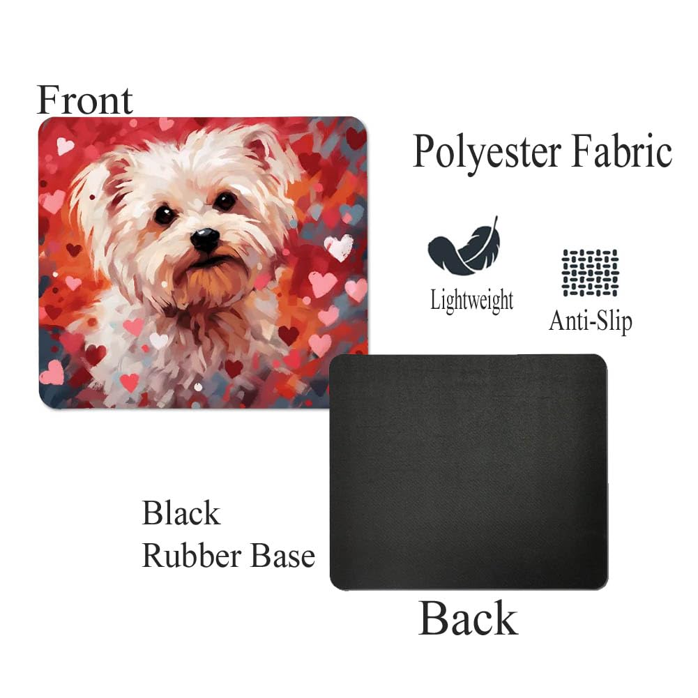 Non-Slip Rubber Mouse Pad with Maltese Dog & Red Hearts Pattern - Cute Puppy in Love Design for Home, Office, Work Desk, Computer & Laptop - Perfect Gift for Dog Lovers (Ideal for Gaming, Work & Study)