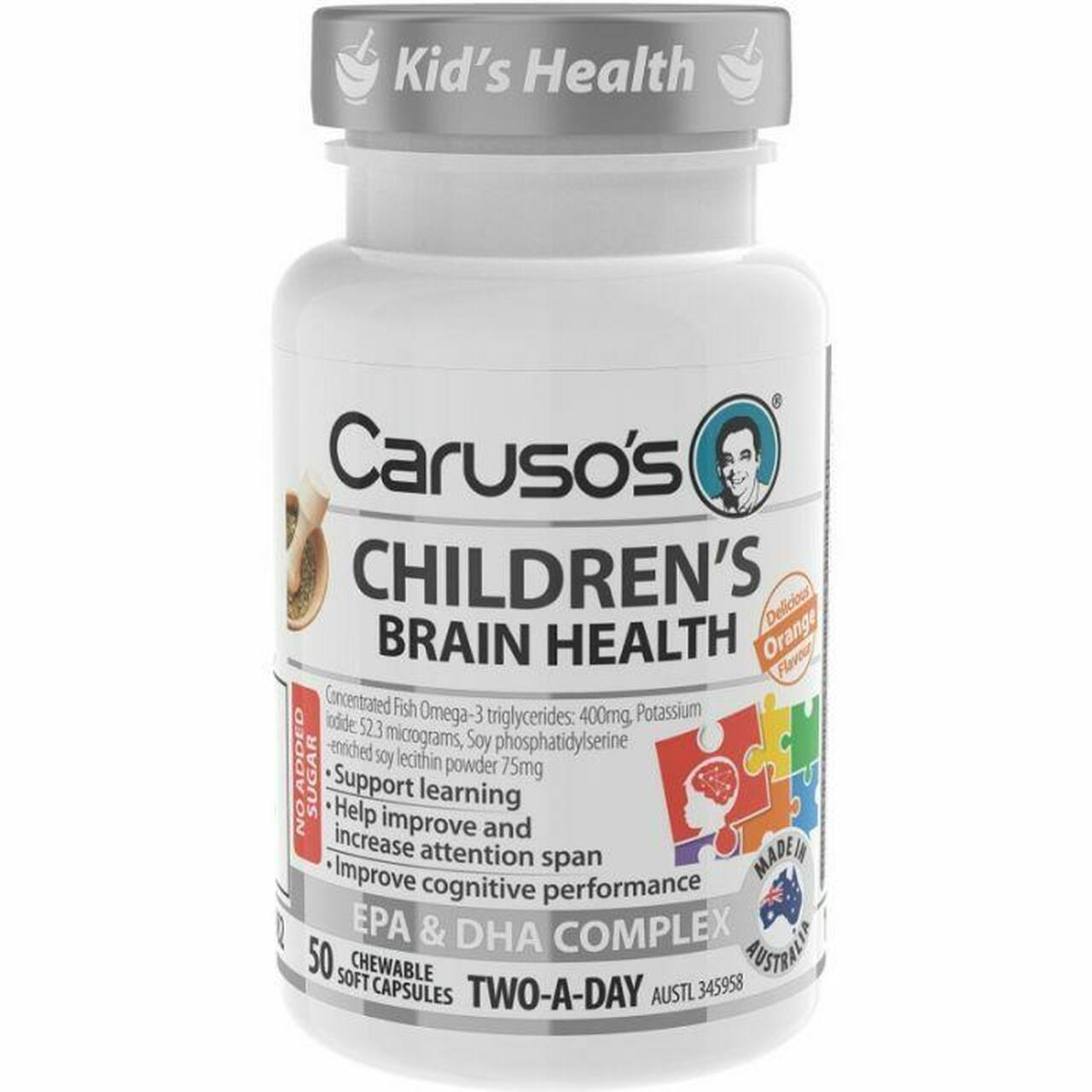 CARU Children's Brain Booster - 50 Capsules for Kids' Cognitive Development & Focus - Supports Memory & Learning - Ideal for School & Study Time