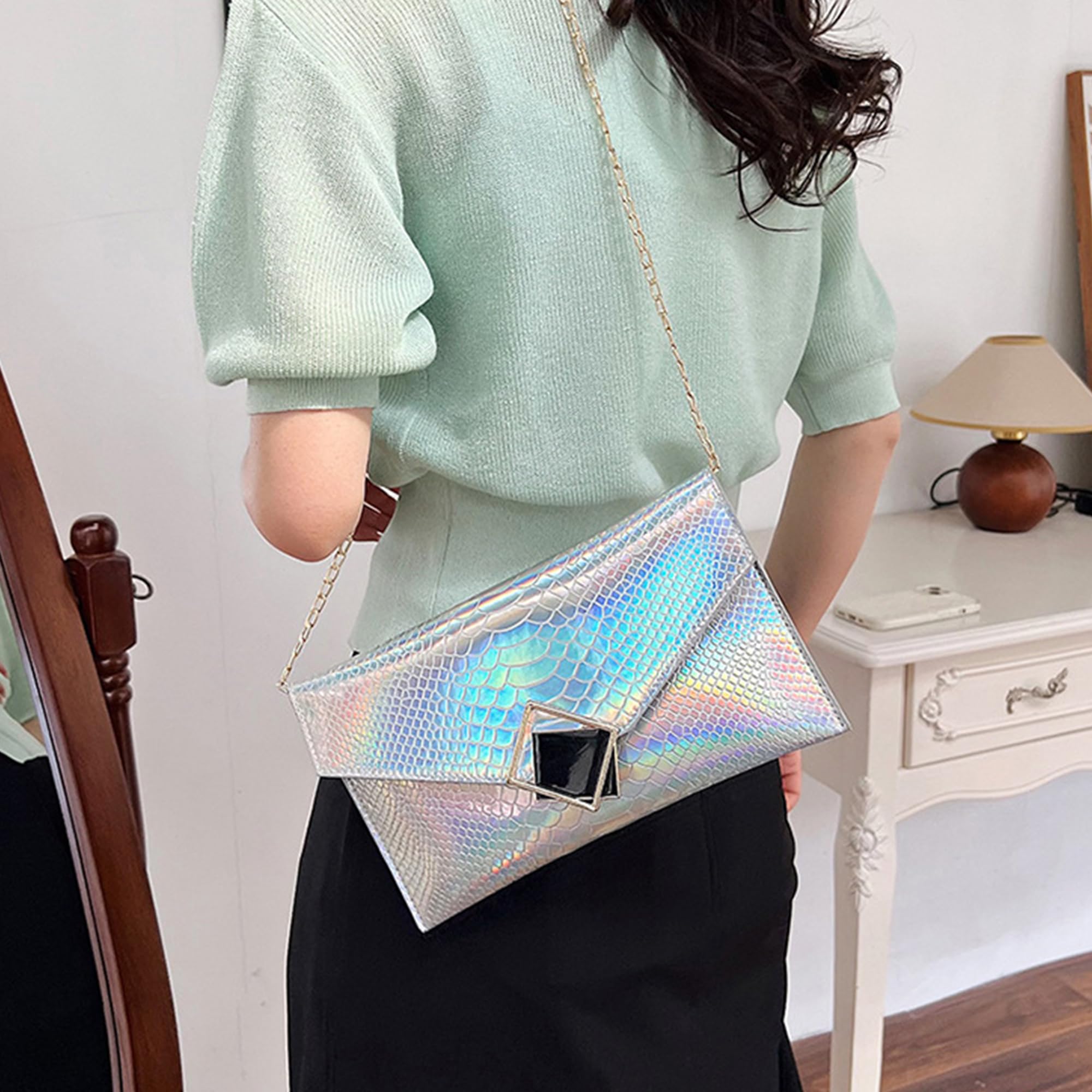 Goclothod Women's Holographic Shoulder Bag - Fashion Envelope Clutch Purse with Chain Strap, Crossbody Tote Handbag for Party, Work & Daily Use