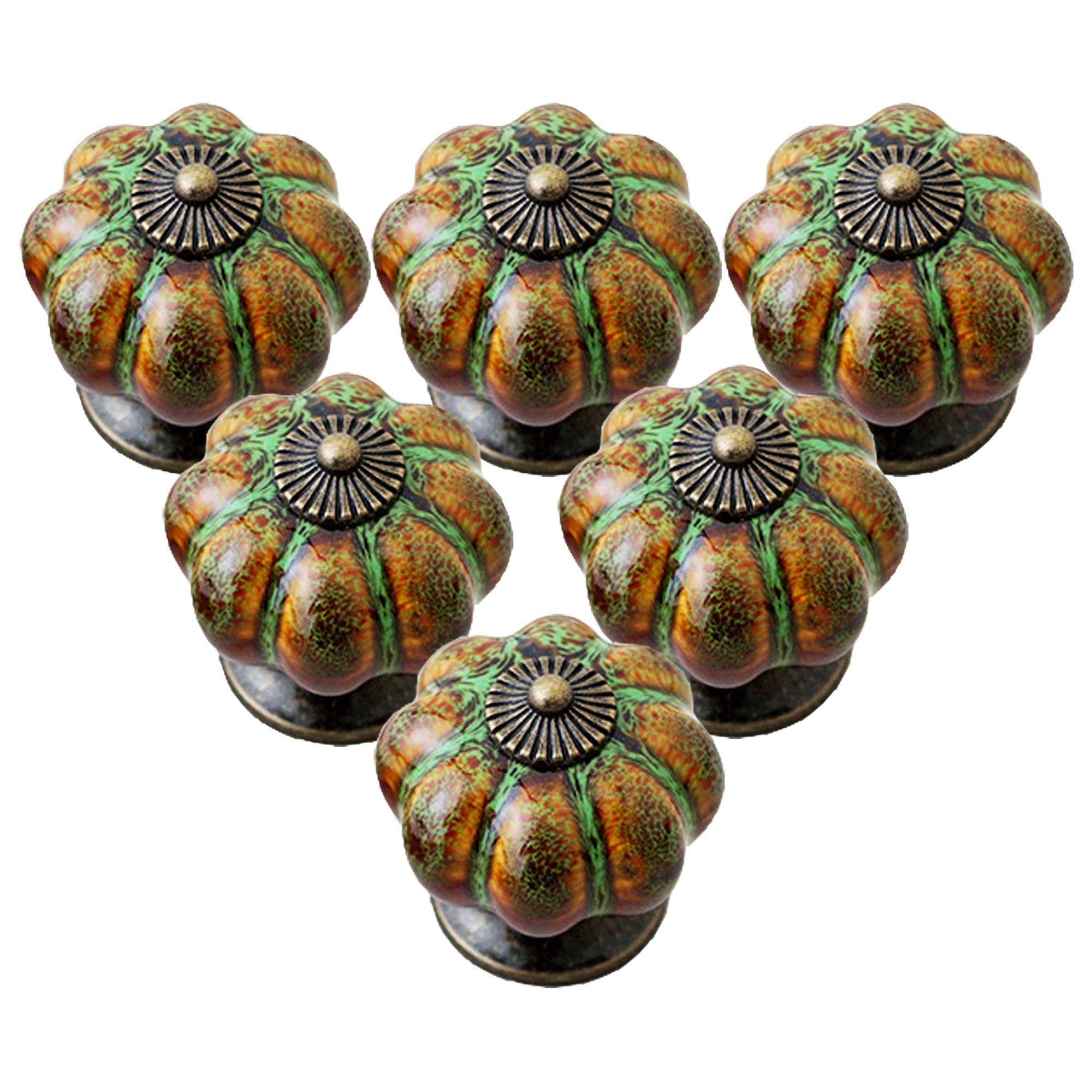 Vintage Ceramic Glazed Pumpkin Shaped Cabinet Knobs - 6 Pack Green Decorative Drawer Pulls for Kitchen, Bathroom & Dresser - Classy Handles for Cabinets & Closets