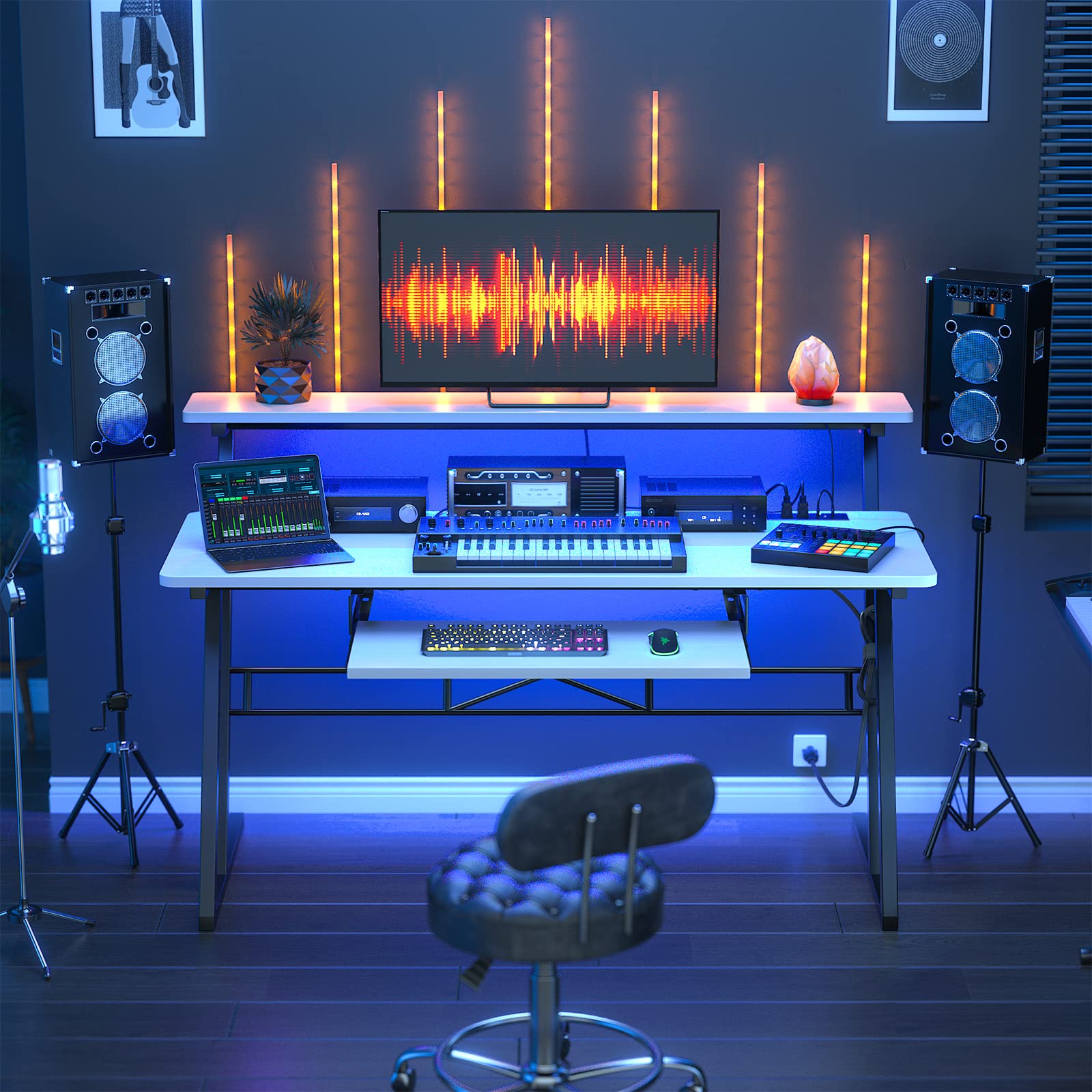 Armocity Music Studio Desk with Power Outlets & RGB LED Lights - Professional Recording Studio Workstation for Music Producers, DJs & Home Studios (Matte White) - Perfect for Home Recording, Podcasting & Music Production