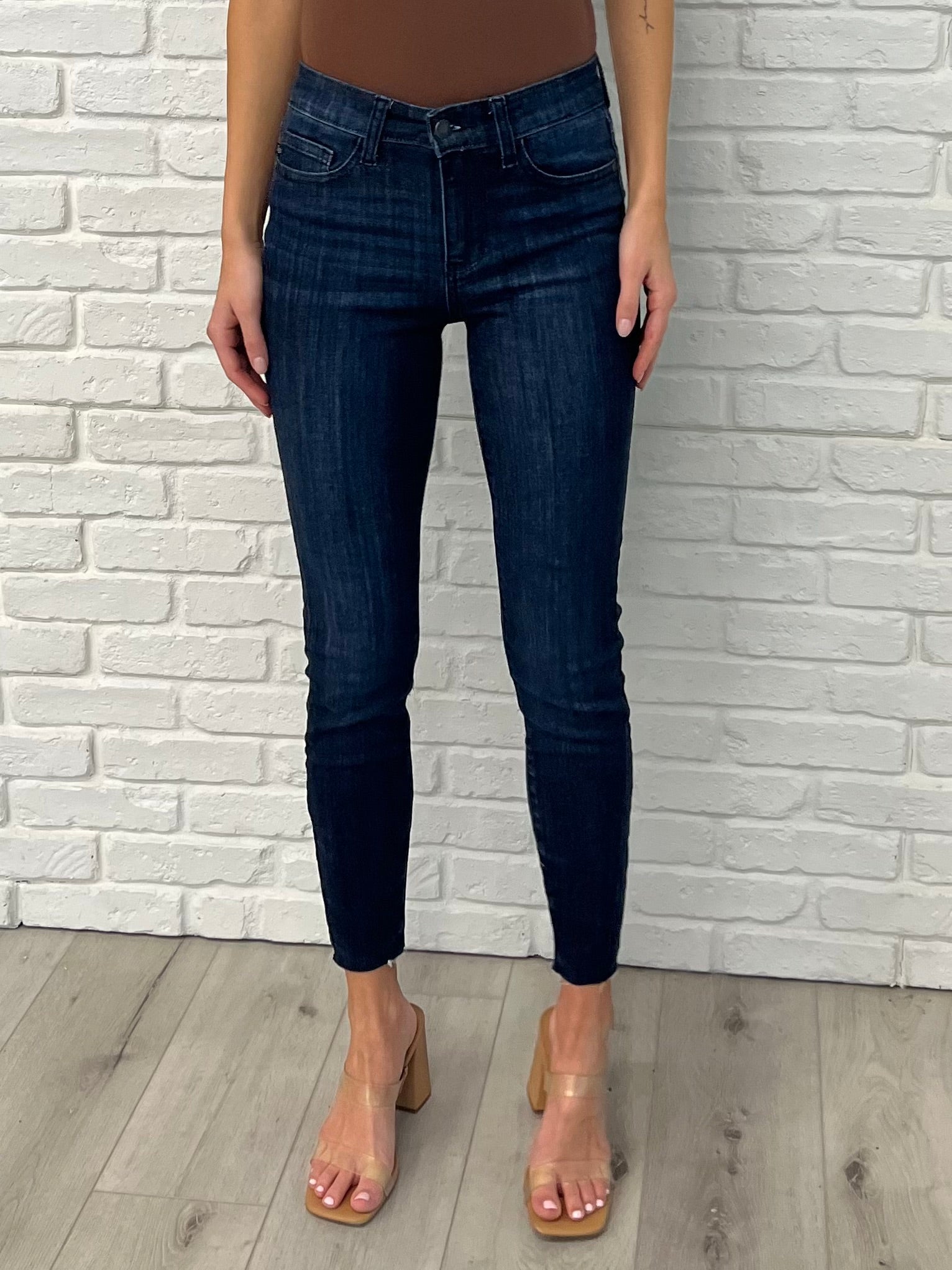 Fallon Mid Rise Adjustable Waist Raw Hem Skinny Jeans for Women - Stretch Denim Pants with Comfort Fit, Trendy Distressed Style - Perfect for Casual Outfits, Date Nights & Everyday Wear