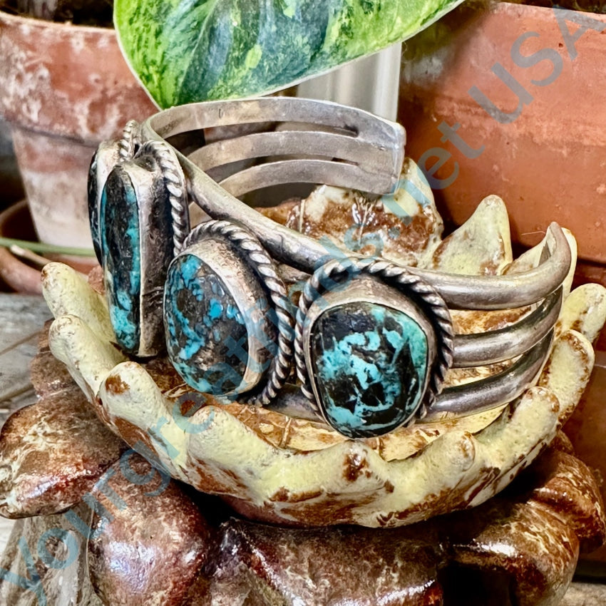 Stunning Navajo Row Bracelet with Bisbee & Carlin Mine Turquoise in Sterling Silver - Perfect for Boho Fashion & Southwest Jewelry Lovers