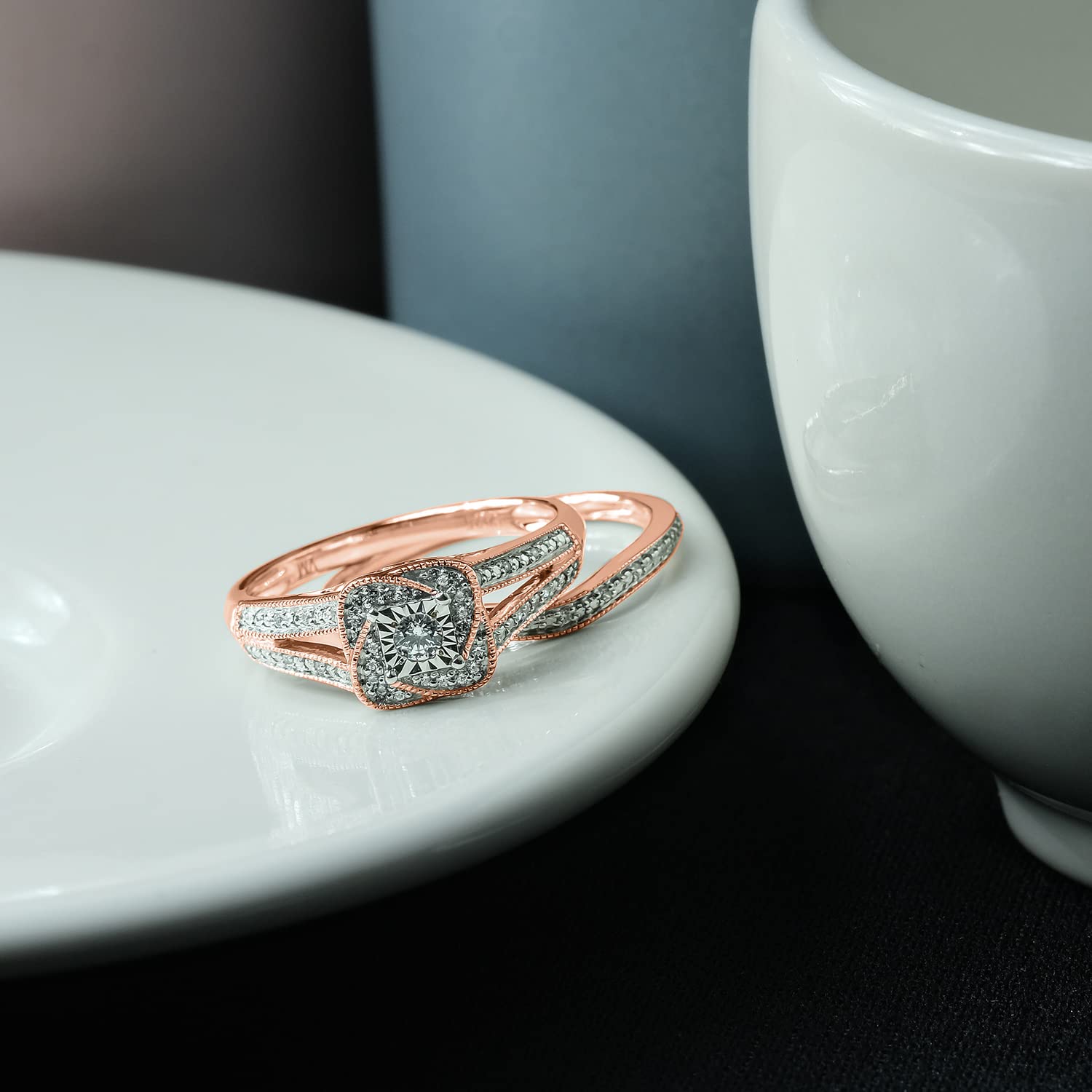 1/5 CT Natural Diamond Bridal Ring Set - 14KT & 18KT Gold Vermeil Wedding & Engagement Rings for Women | Promise Ring & Halo Ring in White, Yellow or Pink Gold | Perfect for Proposals, Anniversaries & Special Occasions