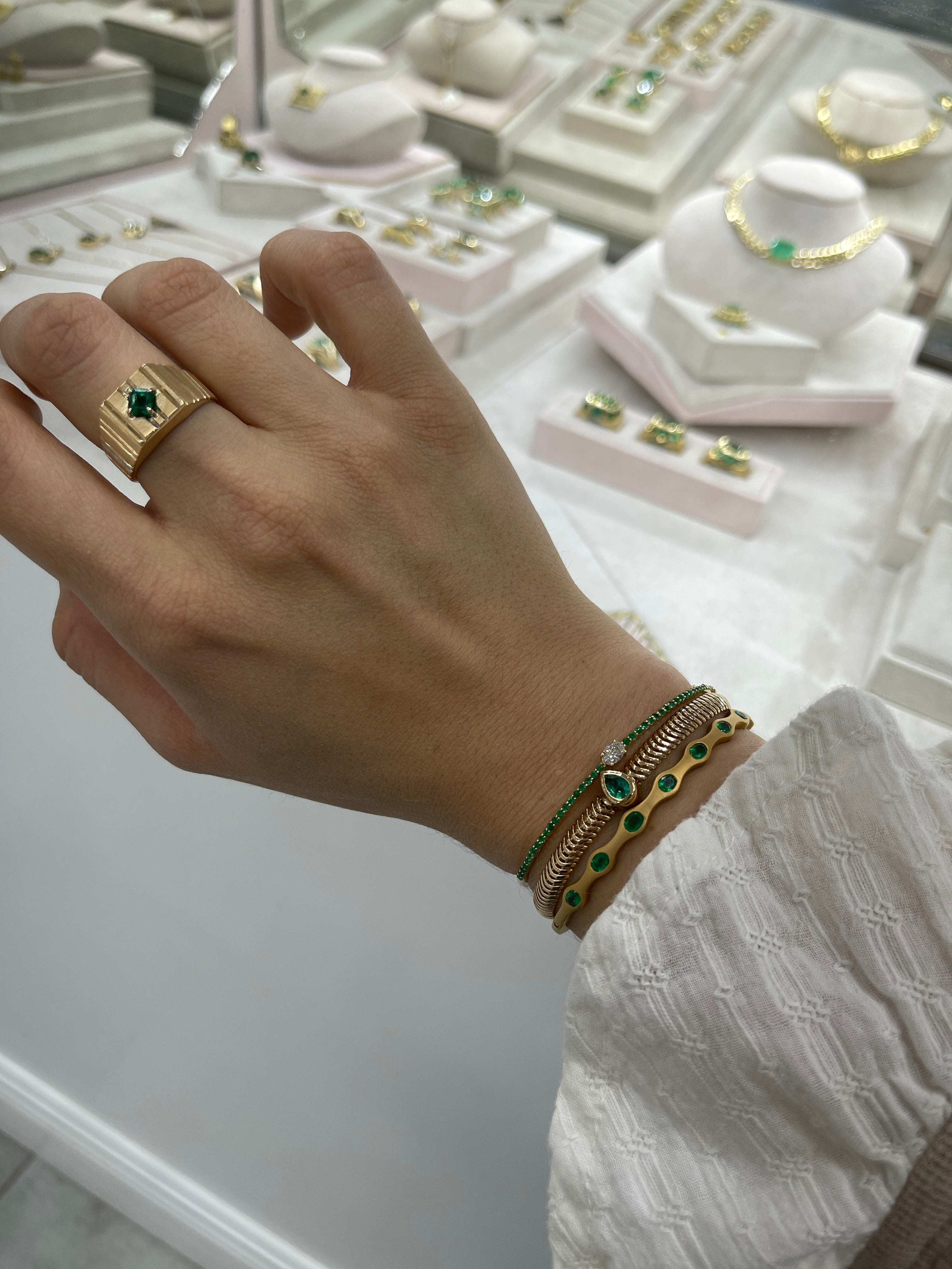 14K Gold Teardrop Emerald & Diamond Snake Chain Bracelet - Elegant Fine Jewelry for Women, 6.5 Inch Adjustable, Perfect for Weddings, Parties & Special Occasions