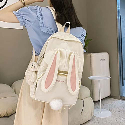 Cute Bunny Ear Backpack with Bear Pendant - Large D-White School Bag for Girls & Teens | Kawaii Book Bag, Travel Backpack for School, College, Shopping & Outdoor Adventures