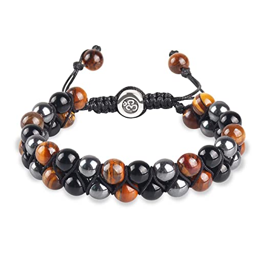 UOMNICUE 8mm Tiger Eye Hematite Black Obsidian Beaded Bracelet for Men & Women - Handmade Crystal Healing Jewelry for Anxiety Relief, Good Luck, Prosperity & Happiness - Perfect for Meditation, Yoga & Daily Wear