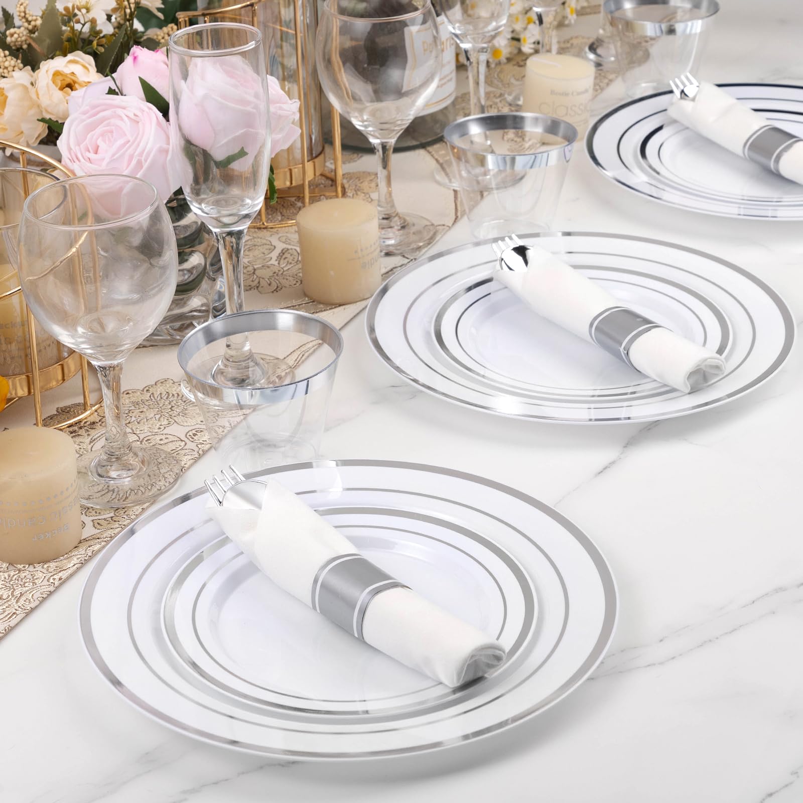 100-Piece Disposable Silver Plastic Cutlery Set - Pre-Rolled Wrapped Silverware with 100 Napkins, Knives, Forks & Spoons - Perfect for Parties, Birthdays, Picnics & Catering Events