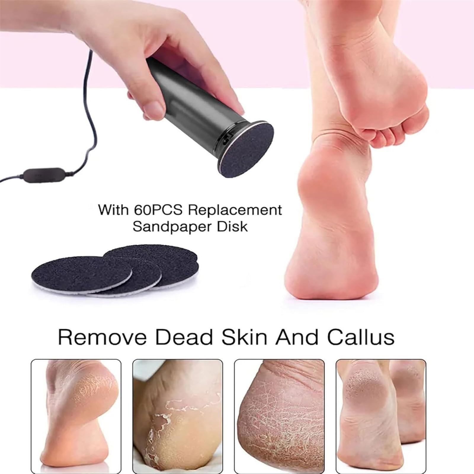 Electric Foot Callus Remover - 360° Rotation with 60PCS Sanding Discs - Professional Pedicure Tool for Women & Men - Perfect for Dry, Cracked Heels & Callus Removal at Home or Salon