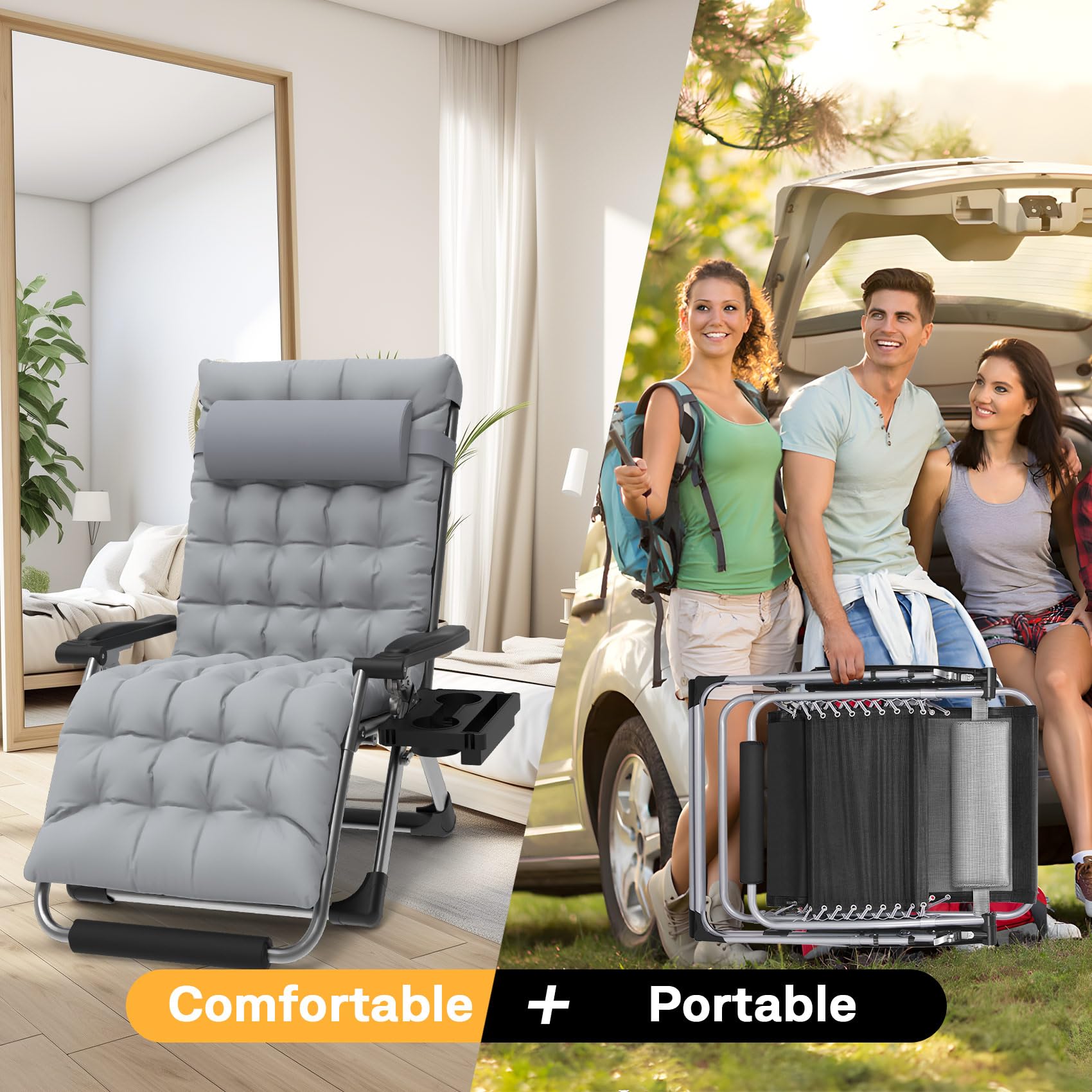 Slendor XXL Oversized Zero Gravity Lounge Chair - 33In Padded Folding Recliner with Aluminum Alloy Lock, Headrest & Cup Holder - 500lbs Weight Capacity - Perfect for Patio, Lawn, Backyard & Poolside Relaxation (Grey)