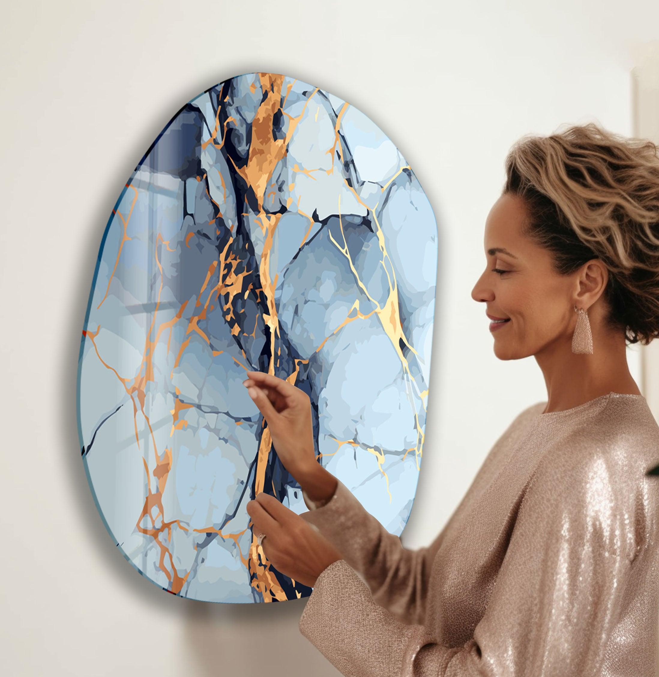 Blue & Gold Marble Oval Glass Wall Art - Elegant Home Decor for Living Room, Bedroom, Office - Perfect for Modern & Luxury Interior Design