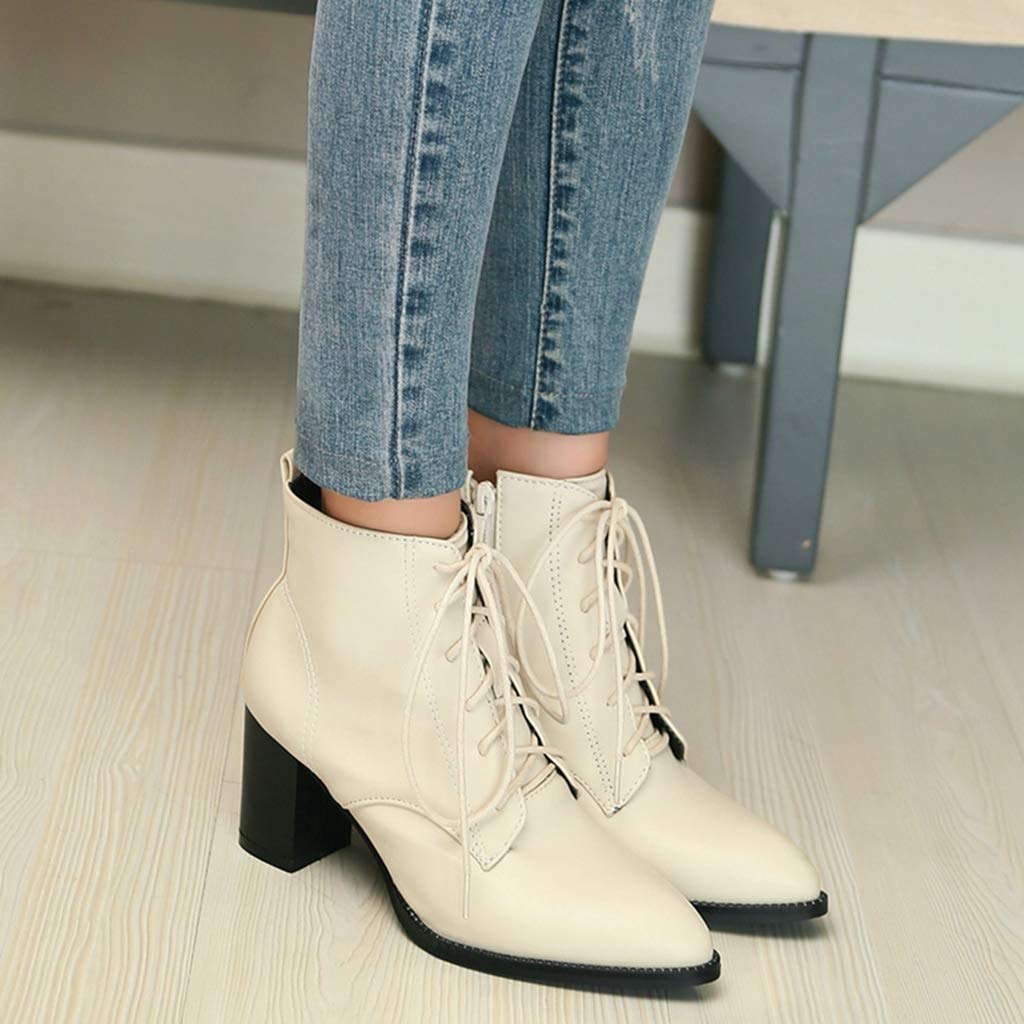 Mioke Women's Pointed Toe Ankle Boots - Western Chelsea Booties with Chunky Block Heel & Lace Up Design, Perfect for Office, Party & Casual Outfits