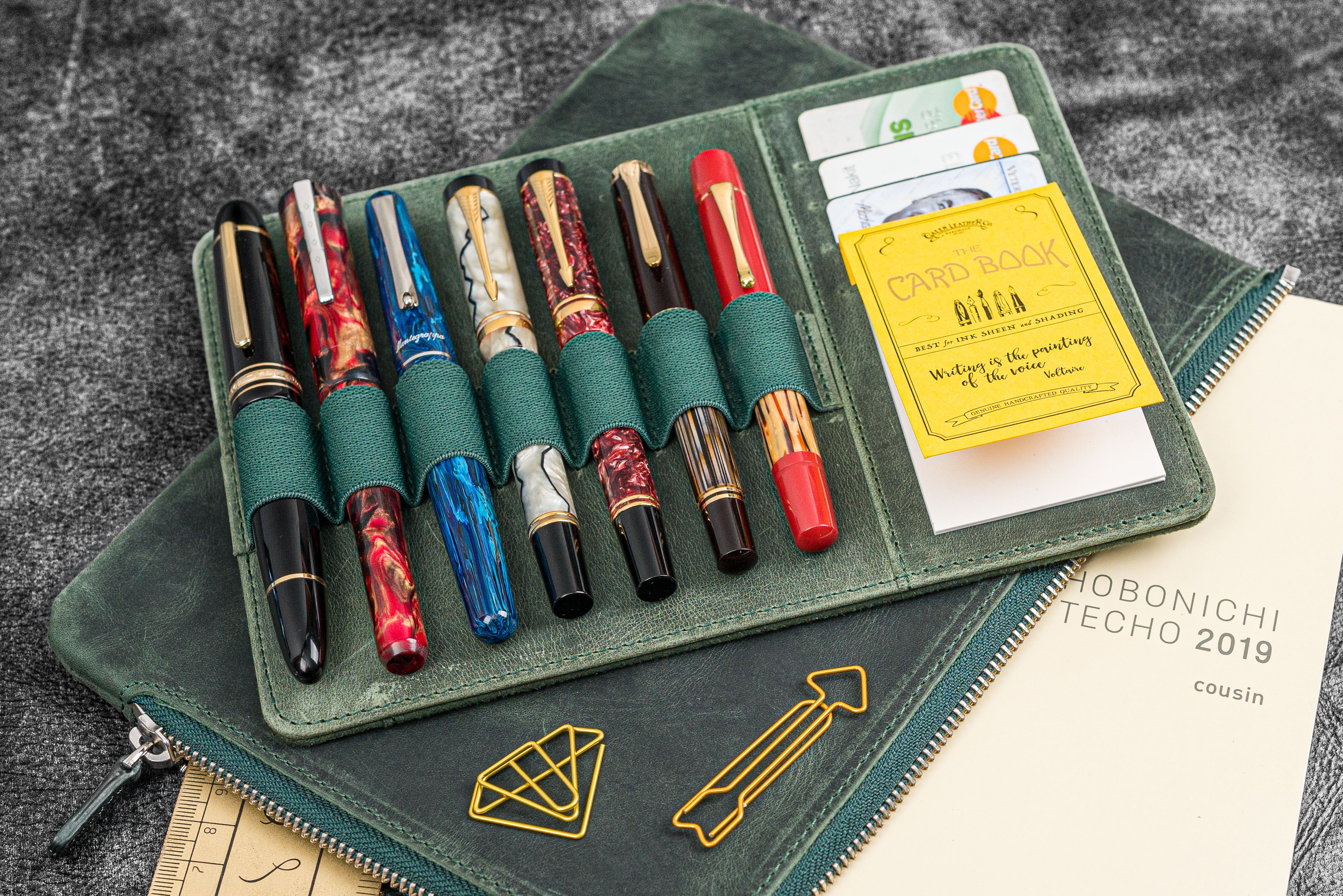 Genuine Leather Zippered Writer's Bank Bag & Pen Pouch - Crazy Horse Forest Green - Perfect for Office, School & Travel Organization
