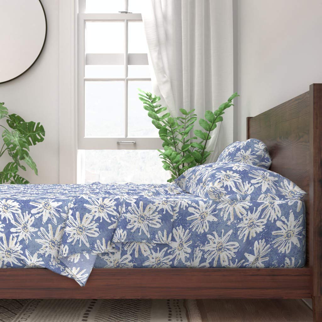 Spoonflower 100% Cotton Twin Sheet Set - 3 Piece Daisy Blue Floral Retro Design with White Watercolor Flowers for Spring | Soft Breathable Bedding for Guest Room, Dorm & Cozy Home Decor
