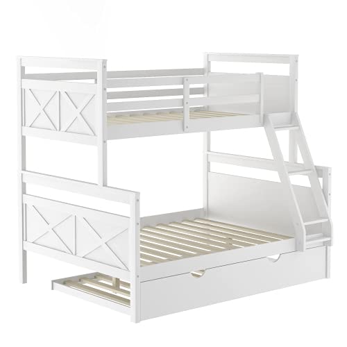 Twin Over Full Bunk Bed with Twin Trundle - Solid Wood Loft Bed Frame with Slanted Ladder & Full-Length Guardrail - Converts to 2 Separate Beds - Ideal for Kids, Teens & Small Bedrooms - Perfect for Shared Rooms, Sleepovers & Space-Saving Solutions - White