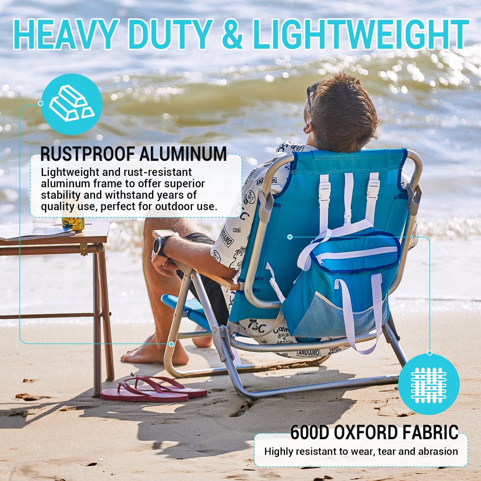 WEJOY 4-Position Adjustable Beach Chair for Adults - Portable Backpack Folding Chair with Wooden Armrest, Lightweight Aluminum Frame & Back Pocket - Perfect for Beach, Pool, Camping, Patio & Backyard Relaxation (Blue)
