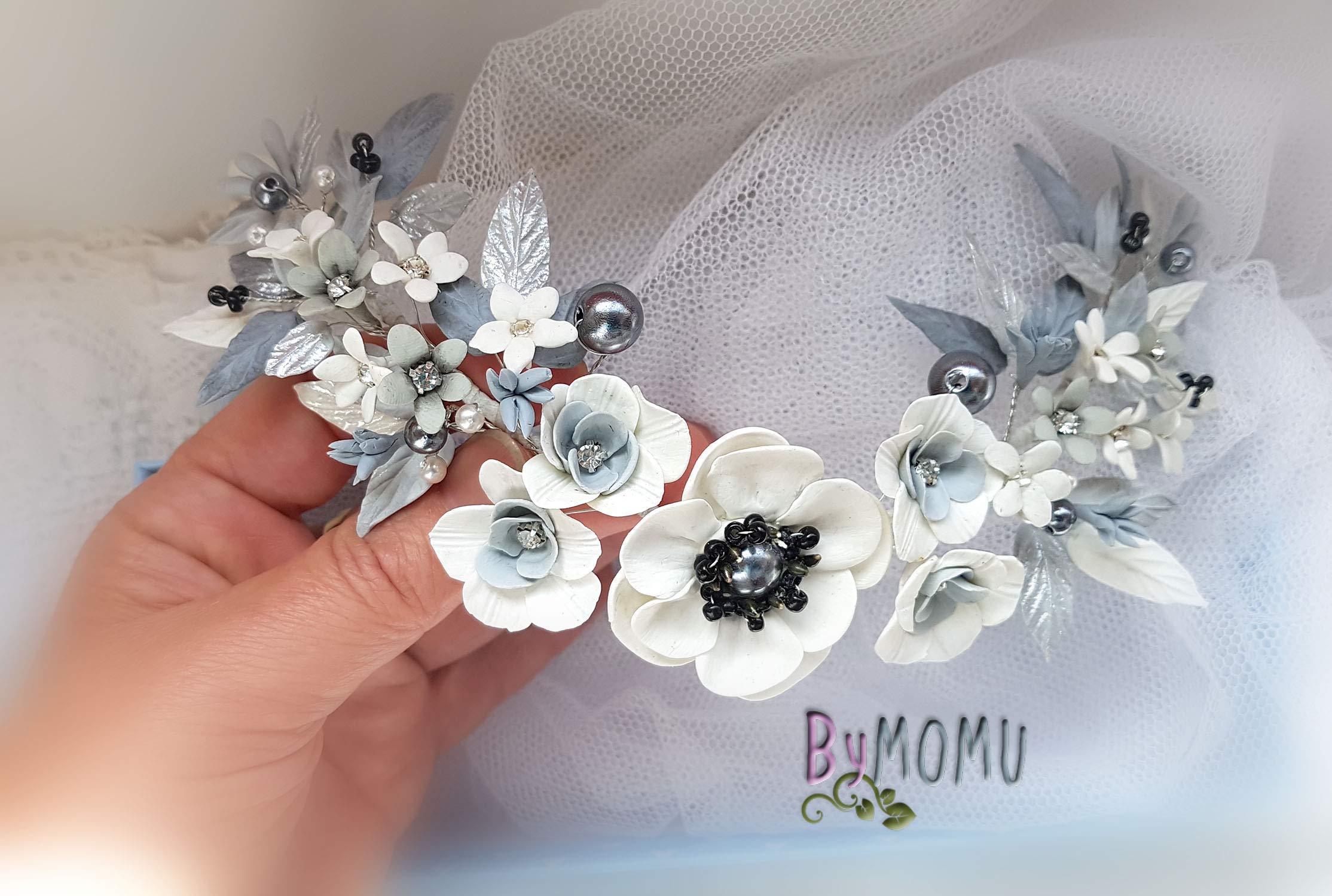 Elegant White Cold Porcelain Flower Bridal Hair Comb - Handmade Bride Hair Accessories for Wedding, Bridal Shower & Special Occasions