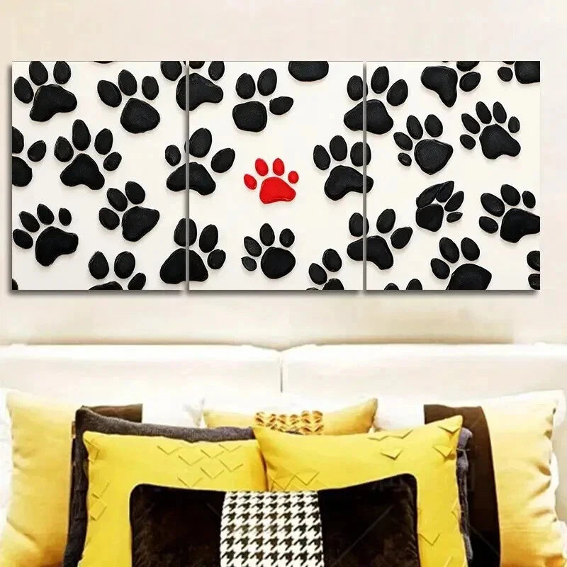 3-Piece Black & White Dog Paw Prints Wall Art Set with Red Accent - Framed Canvas 50x70cm - High Quality Print - 100% Australian Made - Ready to Hang - Perfect for Pet Lovers' Living Room, Bedroom or Office Decor