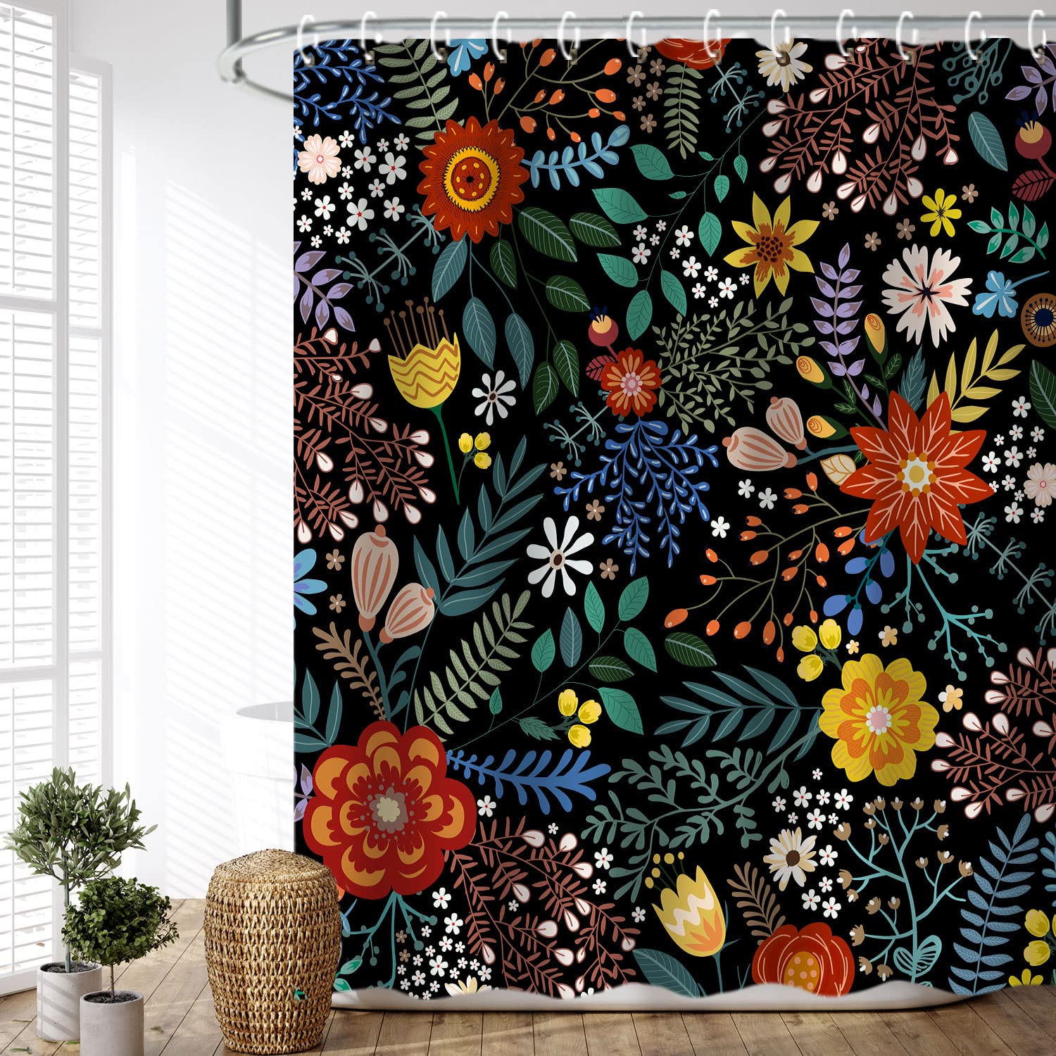 LIVILAN Black Floral Shower Curtain - Waterproof Bathroom Decor with 12 Hooks, 72x72 Inches - Boho Chic Flower Design for Modern Bathrooms, Perfect for Home Spa & Relaxation