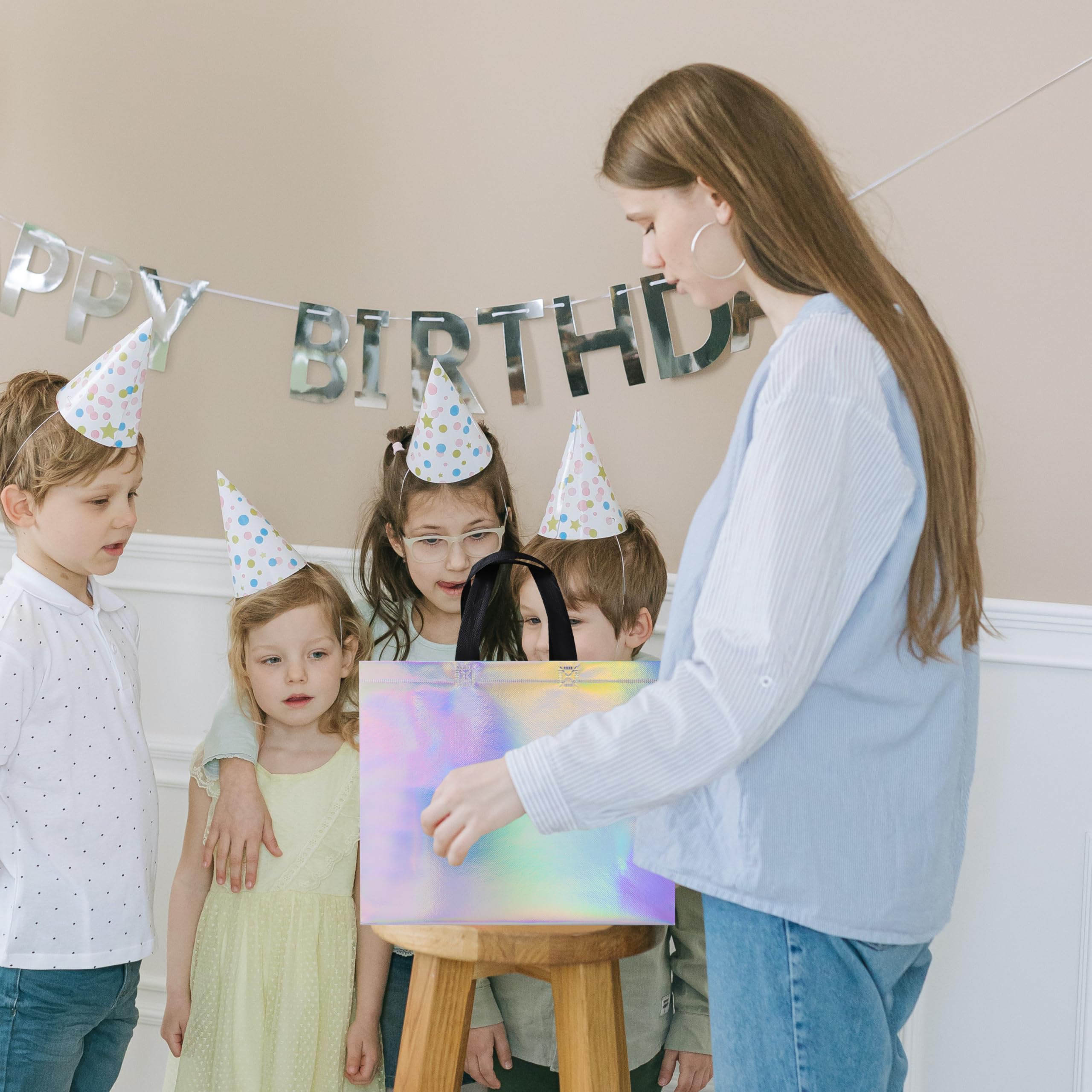 15 Pack Glossy Iridescent Reusable Gift Bags with Black Handles - 12.6x4.7x11 Inch Non-Woven Party Favor Bags with Sturdy Base - Perfect for Christmas, Birthday, Wedding, Easter & Holiday Celebrations - Great for Gift Wrapping, Party Favors & Special Occasions