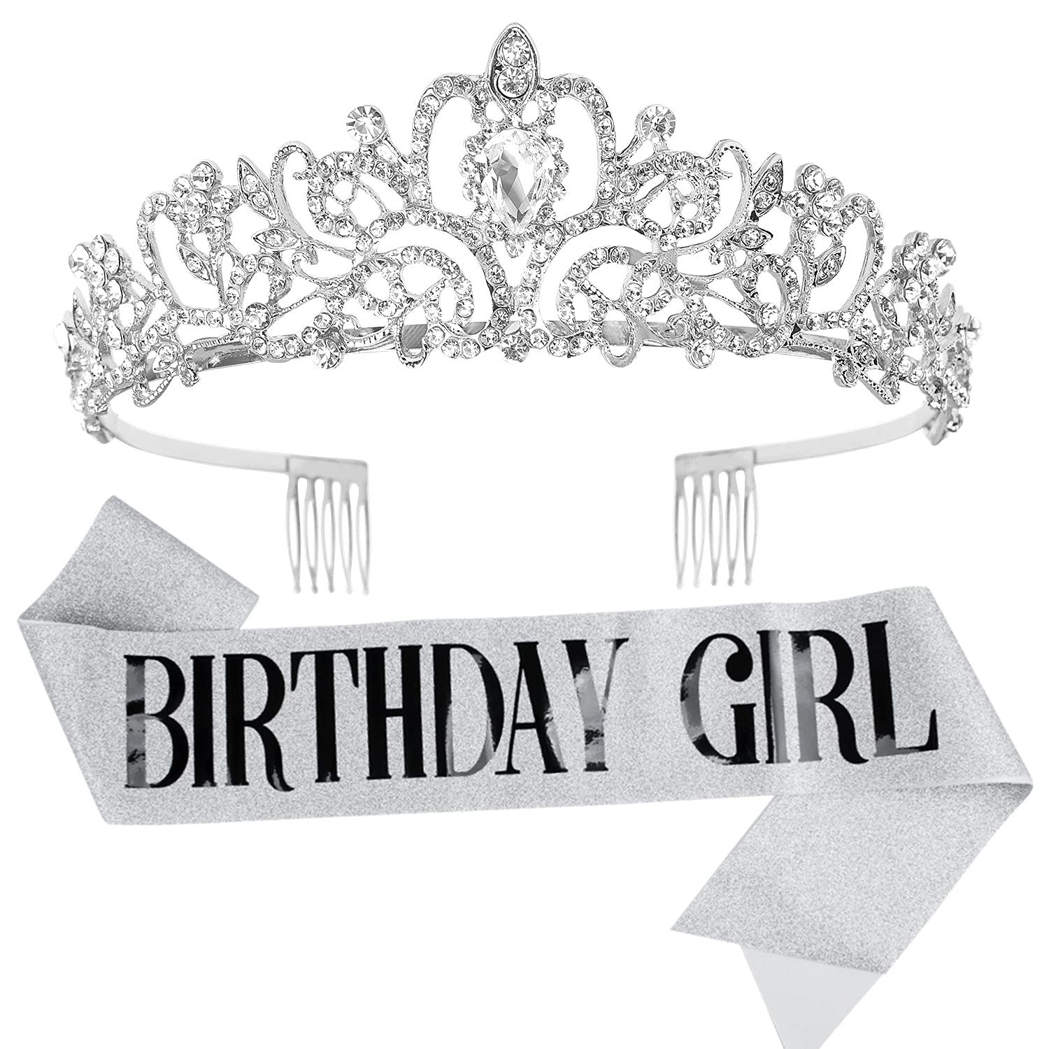 Sparkling AB Rhinestone Tiara for Women - Elegant Birthday Crown for Girls & Adults - Silver Queen Crown with Birthday Girl Sash - Perfect for Birthday Parties, Pageants, and Special Occasions