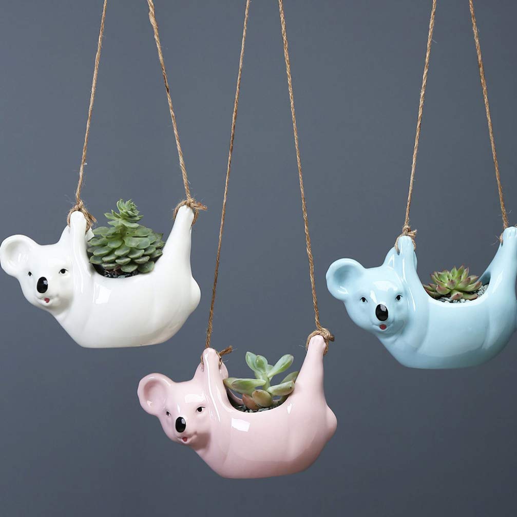 Koala-Shaped Ceramic Hanging Flower Pot - Indoor/Outdoor Wall Planter for House Plants - Decorative Plant Bucket Holder for Home, Garden, Balcony & Patio Decor