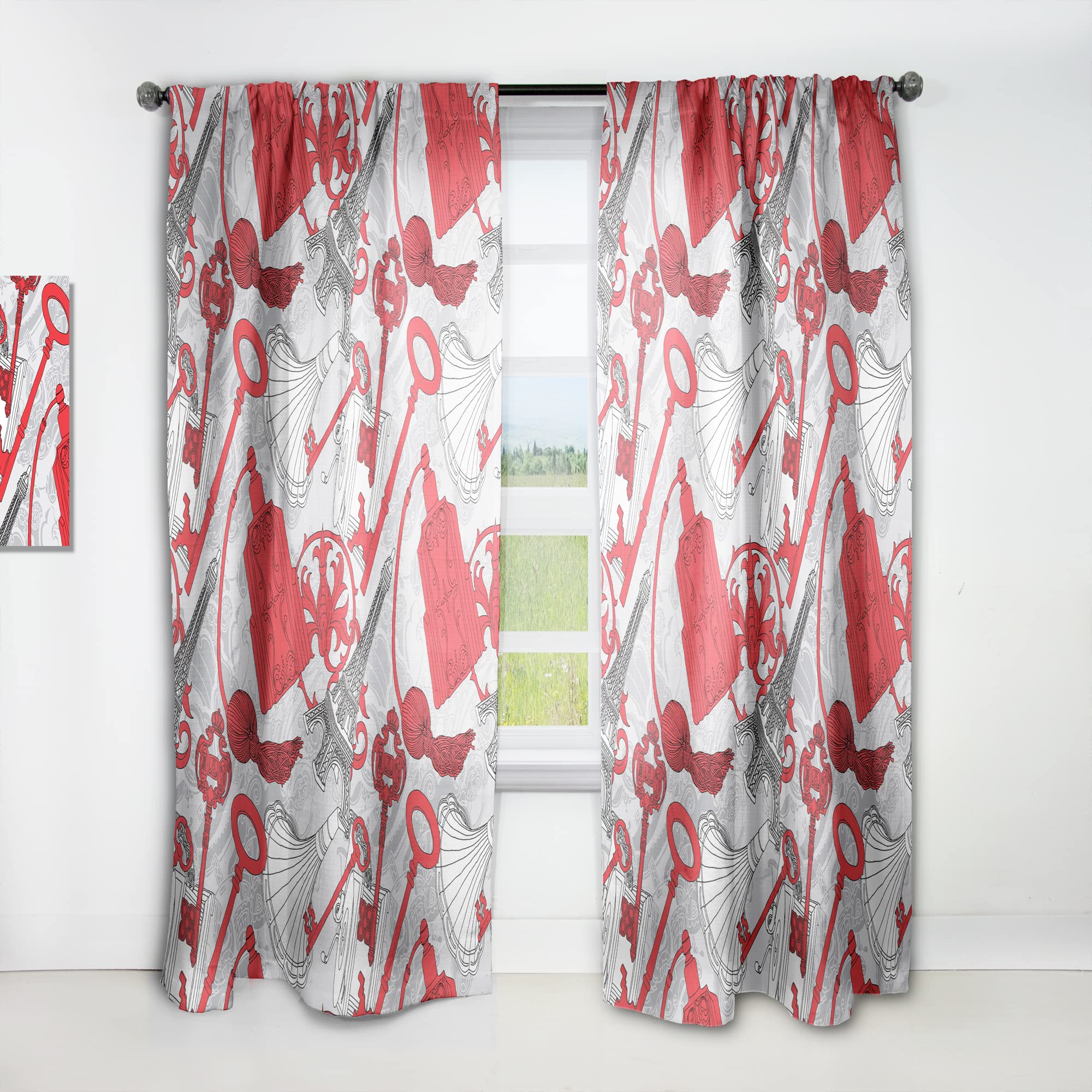DesignQ Thermal Insulated Blackout Curtains - 'Paris with Red Keys' Art Print - 52x120 Inch Single Panel for Bedroom & Living Room - Noise Reducing & Energy Saving Window Drapes for Home Decor