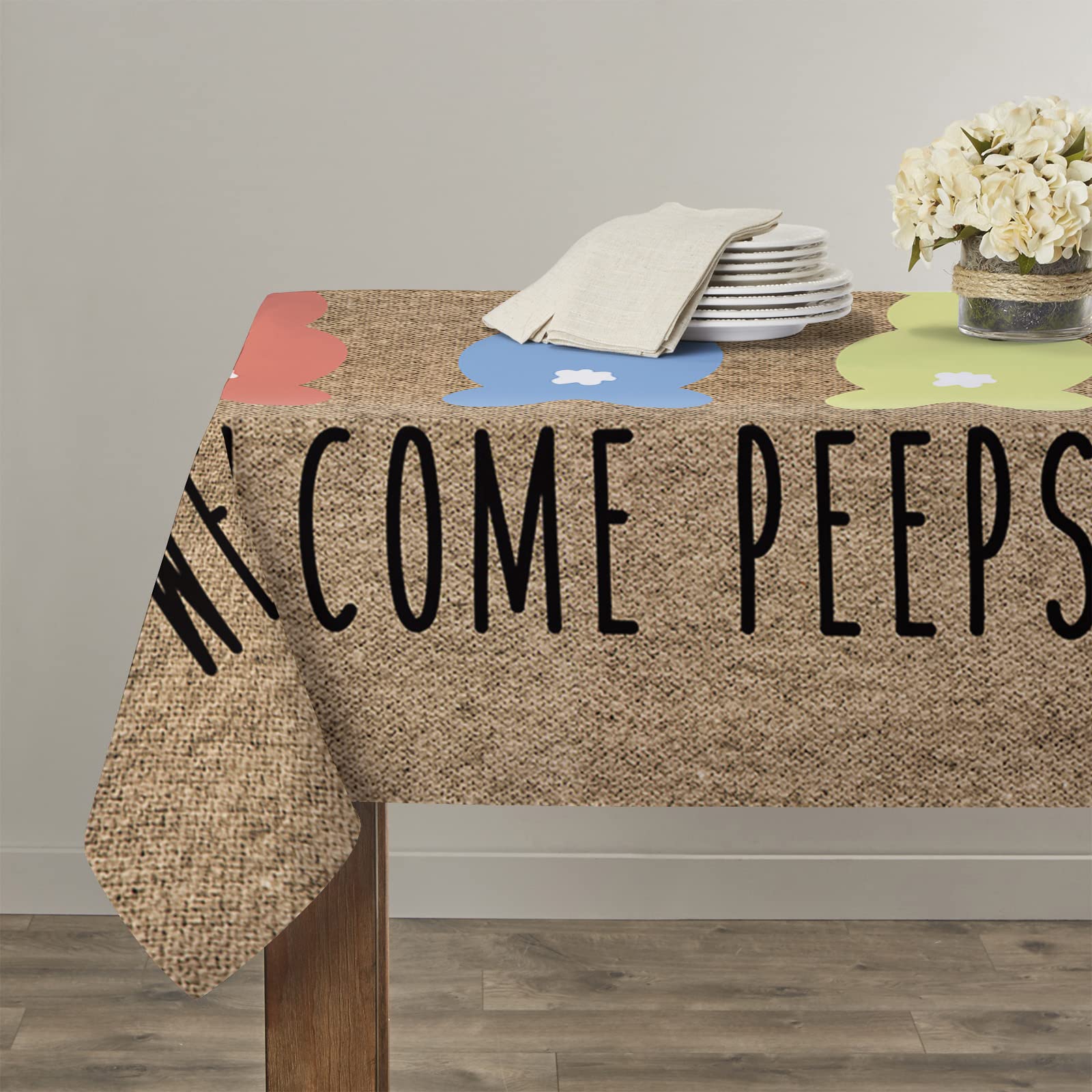 Easter Tablecloth Rectangle - Cotton Linen Table Cover with Retro Peeps & Rabbits Design for Dining Table, Kitchen, Coffee Table - 60x104 Inch - Perfect for Easter Decor, Wedding, Birthday Party & Holiday Dining