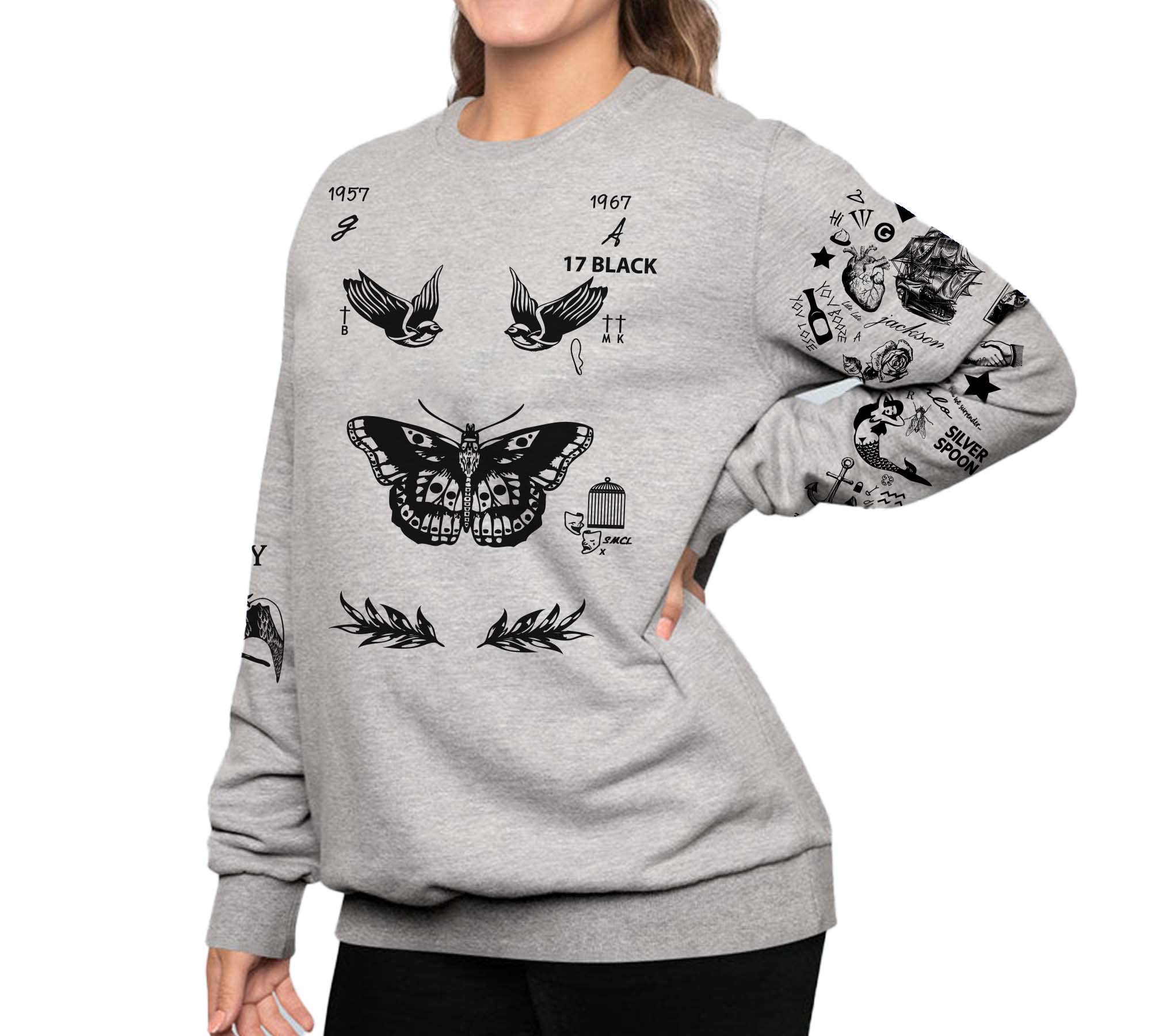 Women's Butterfly Tattoo Print Sweatshirt - Soft Grey Pullover for Casual Wear, Street Style & Layering Outfits