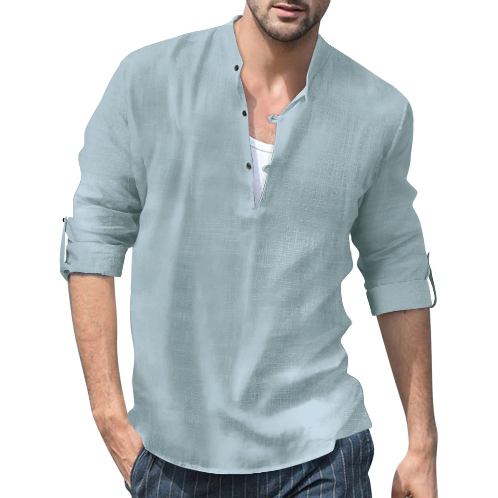 Men's Violet Casual Long Sleeve Stand Collar T-Shirt - Solid Color Roll-Up Sleeve Blouse Top for Everyday Wear, Work & Date Nights