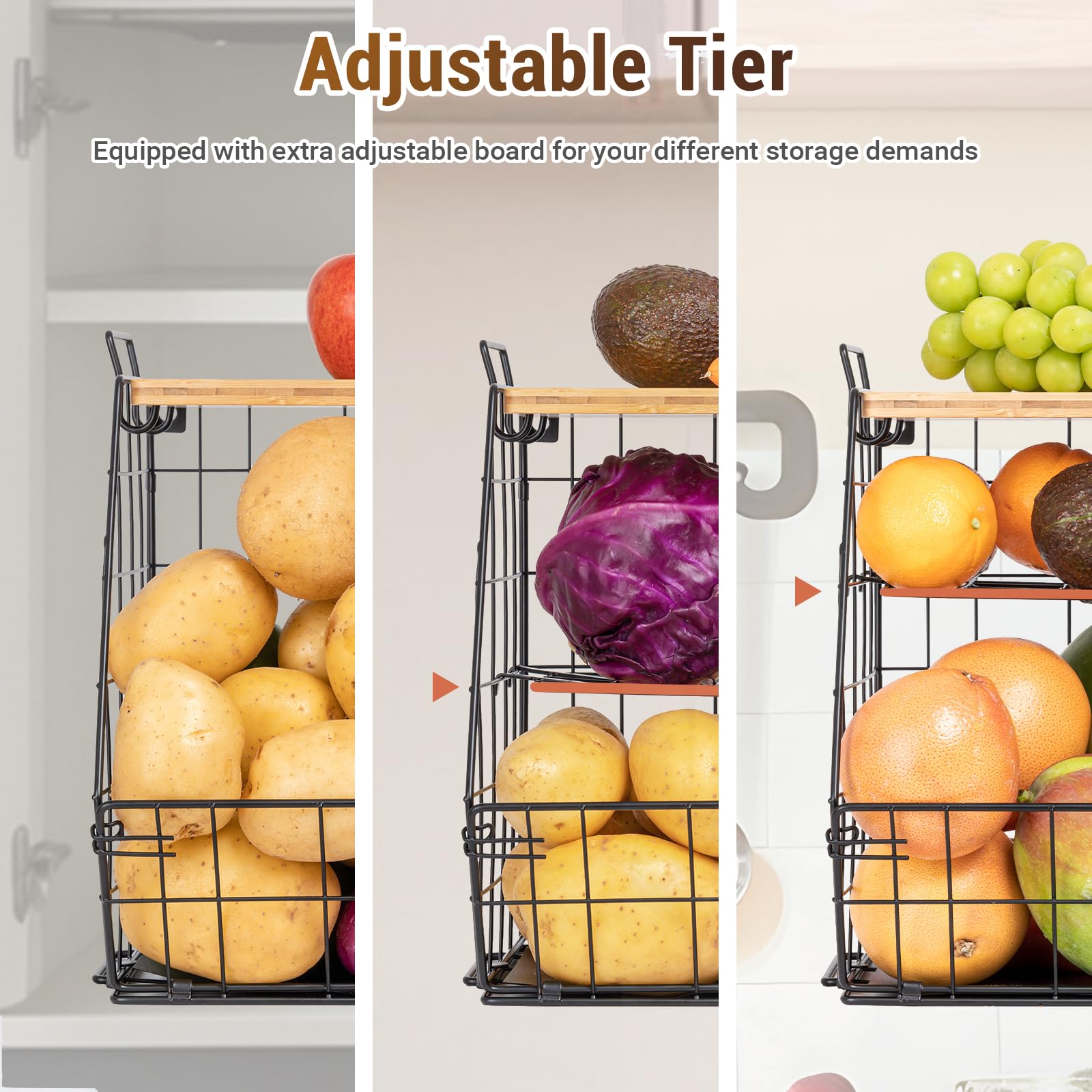 3-Tier Bamboo Fruit Basket with Cutting Board - Stackable Kitchen Organizer for Fruits, Vegetables, Onions & Potatoes - Countertop, Cabinet & Pantry Storage Solution - Perfect for Small Kitchen Organization & Space Saving