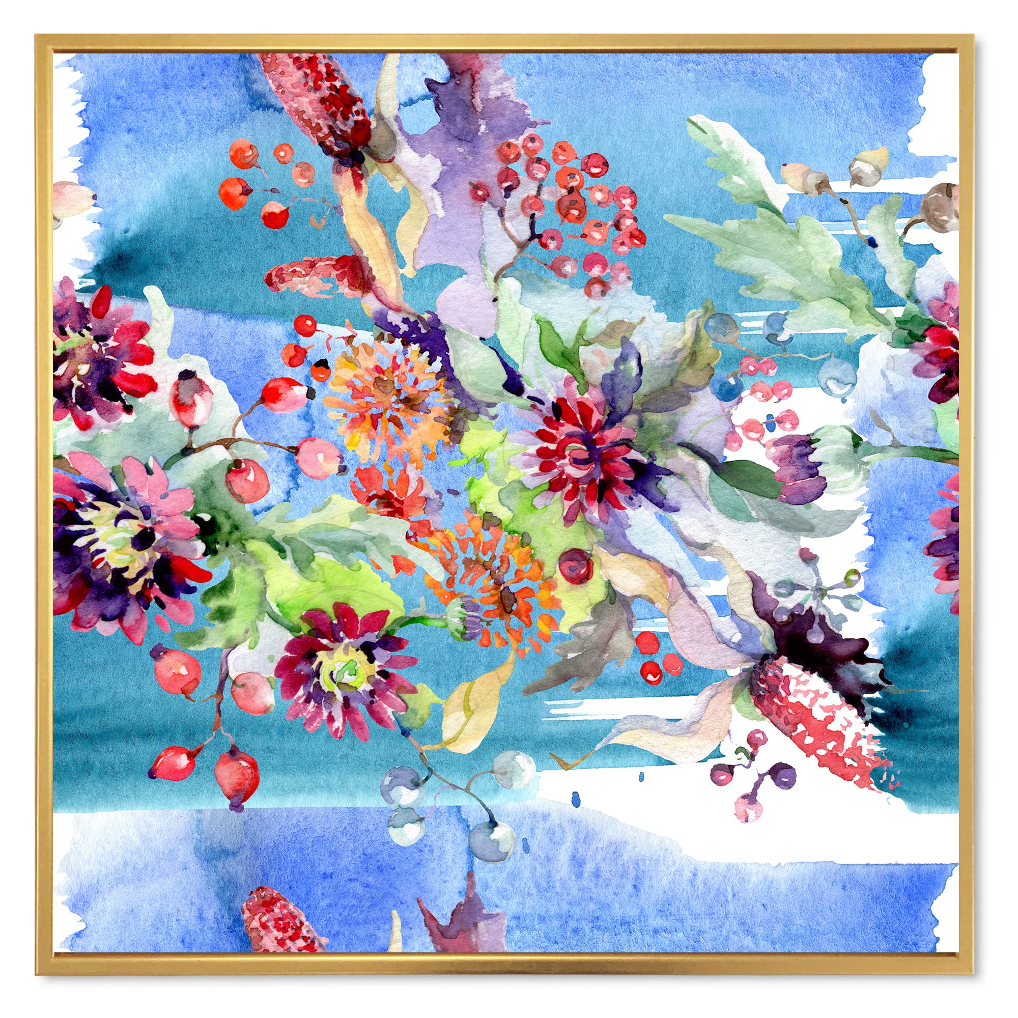 DesignQ Vibrant Wild Spring Leaves & Flowers XIII - Modern Framed Canvas Wall Art Print for Living Room, Bedroom & Office Decor