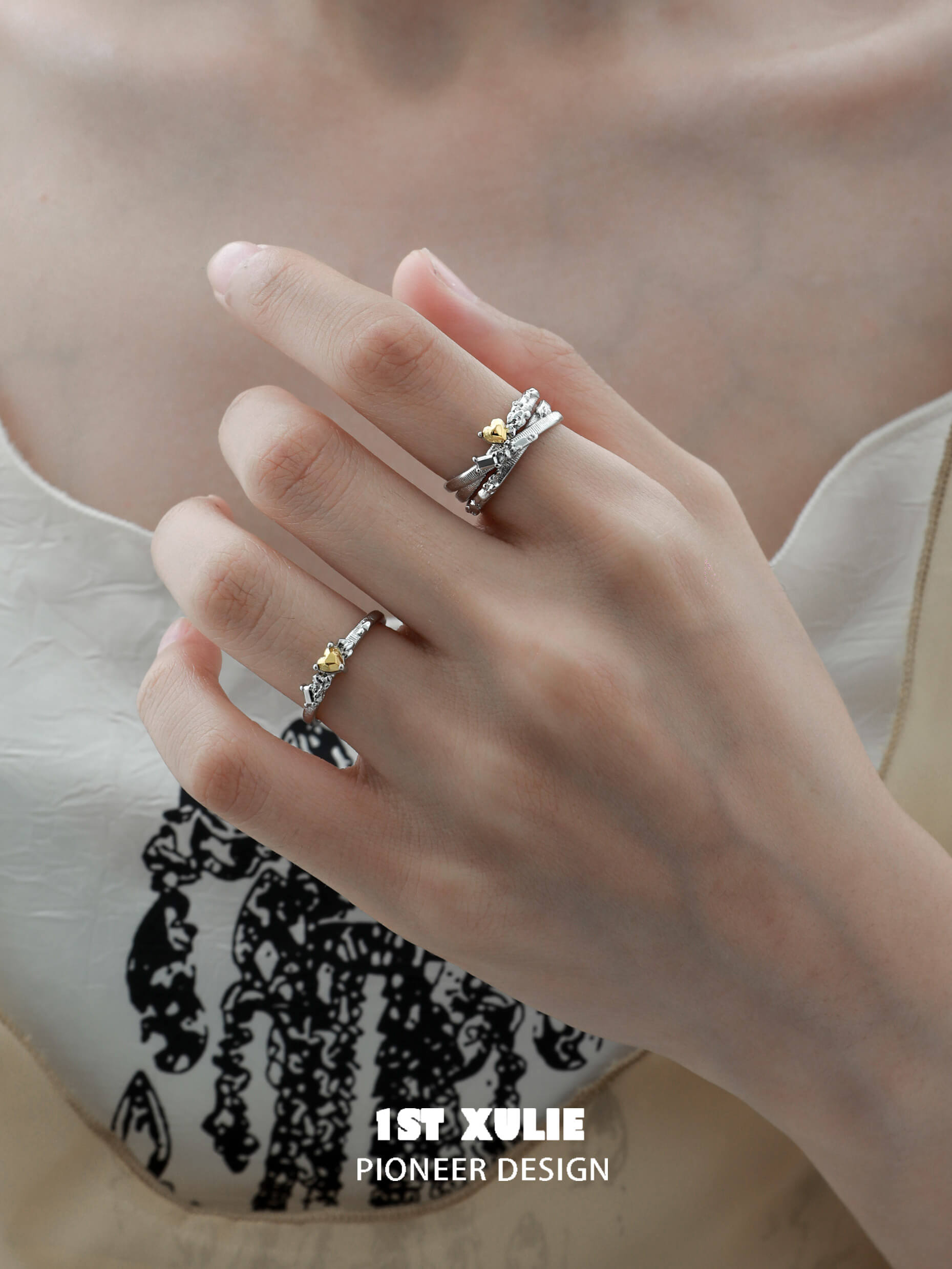 Immortal Lover S925 Sterling Silver Golden Heart Rings for Women - Elegant Couple Promise Rings for Anniversary, Valentine's Day Gift & Romantic Occasions