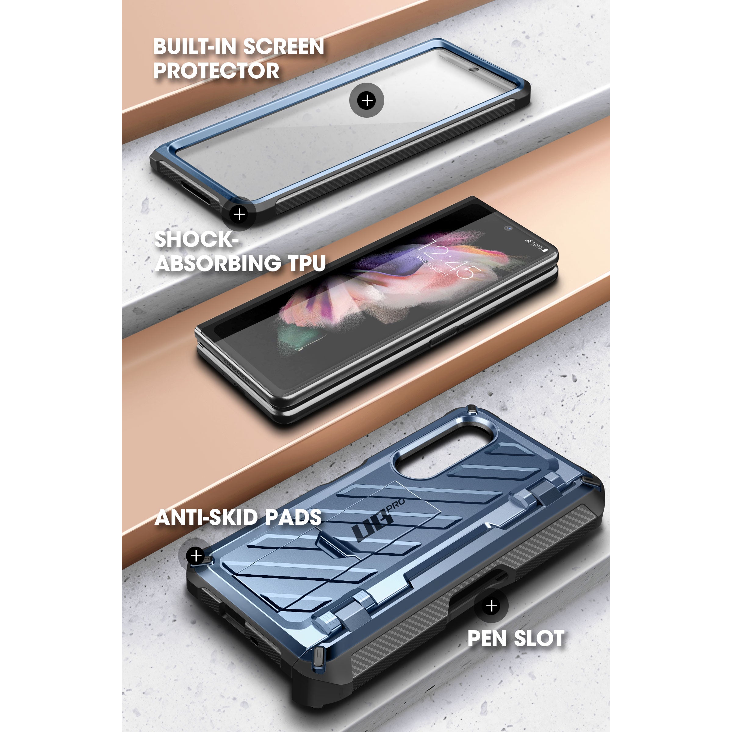Samsung Galaxy Z Fold 3 Unicorn Beetle Pro Rugged Protective Case with S Pen Holder - Shockproof & Military-Grade Drop Protection - Metallic Blue | Perfect for Outdoor Adventures & Business Travel