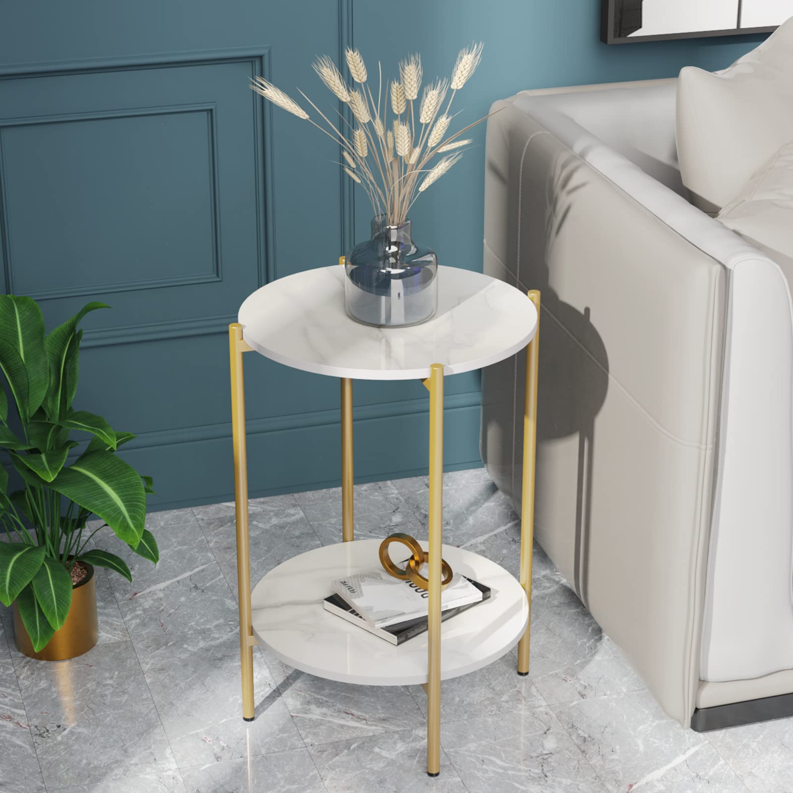 Wisfor Sintered Stone End Table - 2 Tier Round White Side Table with Golden Frame - Modern Coffee Table & Nightstand for Living Room, Bedroom - Perfect for Small Spaces & Home Decor