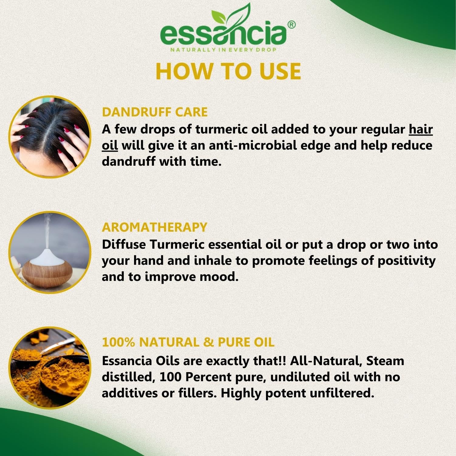 **Essencia Pure Turmeric Essential Oil - 15ml, 100% Natural & Undiluted for Skin Cleansing, Whitening, Dark Spot Treatment, Hair Care, Face & Aromatherapy - Therapeutic Grade Oil for Diffusers, Massage & Relaxation**
