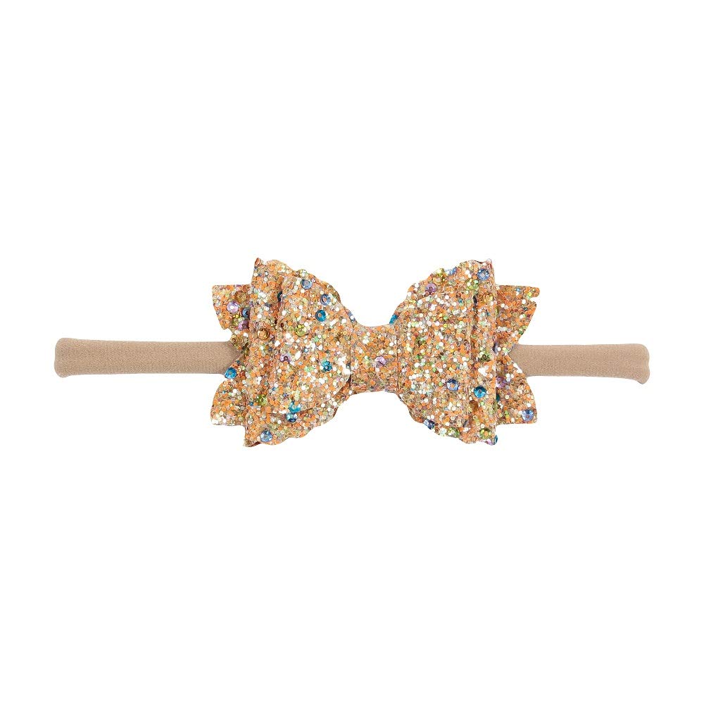 Nishine 6-Pack Baby Girls Nylon Headbands with Glitter Bows - Soft Toddler Hair Accessories for Newborns, Infants & Kids - Perfect for Birthday Parties, Baby Showers & Daily Wear (Set C)