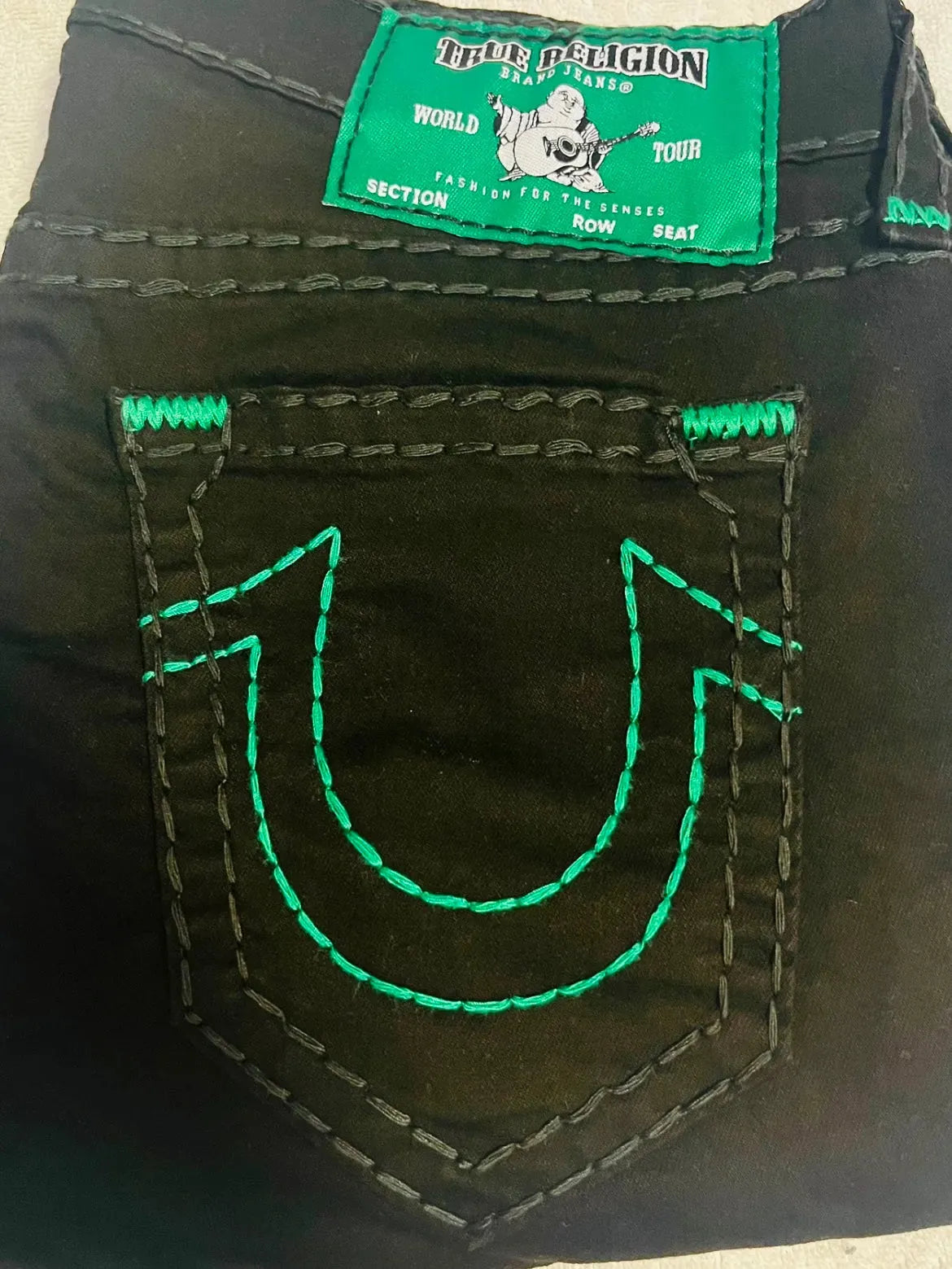 True Religion Men's Jeans - Green Stitch Skinny Relaxed Fit, Embroidered Rare Limited Edition for Casual Wear & Street Style