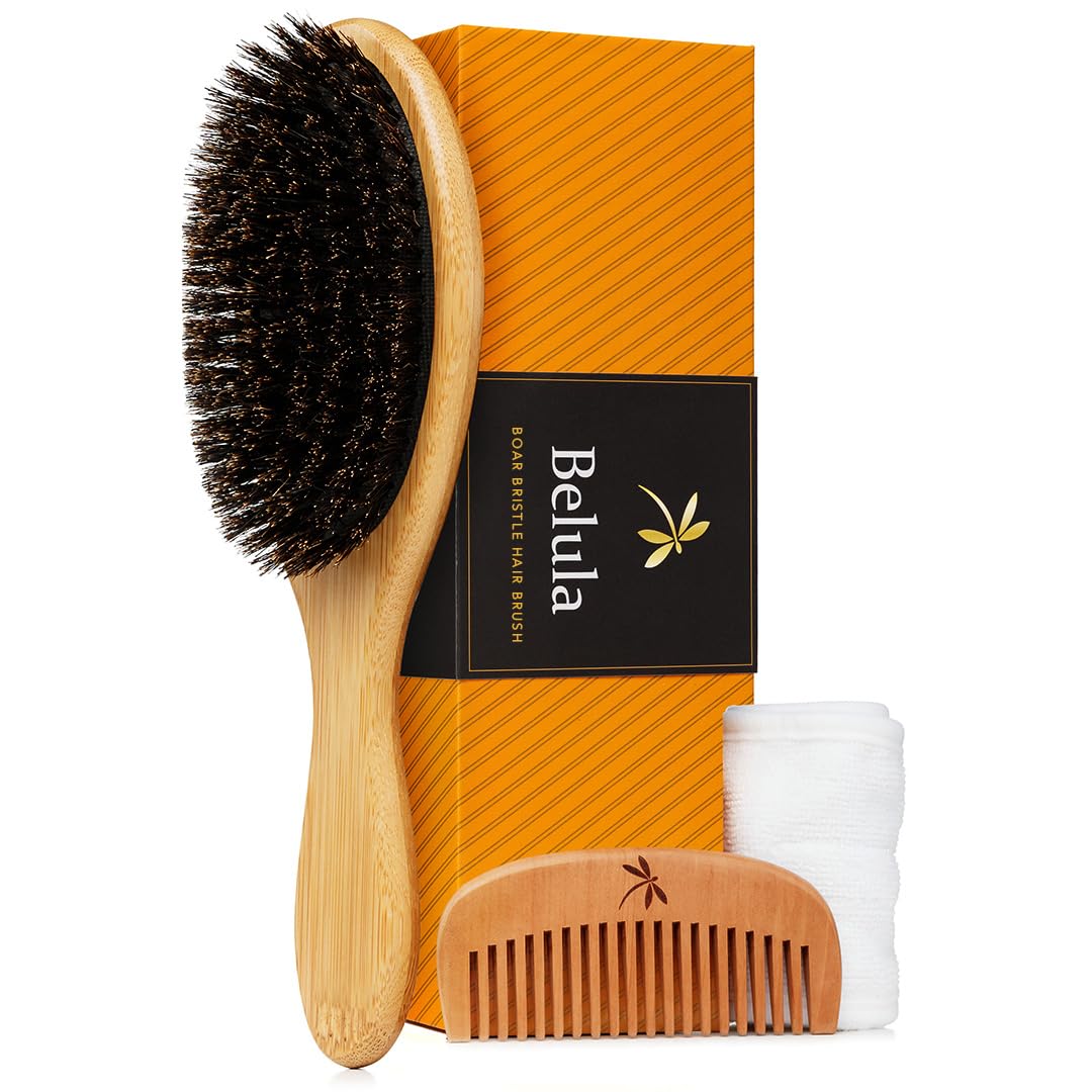 Belula 100% Boar Bristle Hair Brush Set for Women - Natural Soft Bristles for Thin & Fine Hair, Includes Wooden Comb, Travel Bag & Spa Headband - Perfect for Daily Hair Care, Travel & Salon Styling