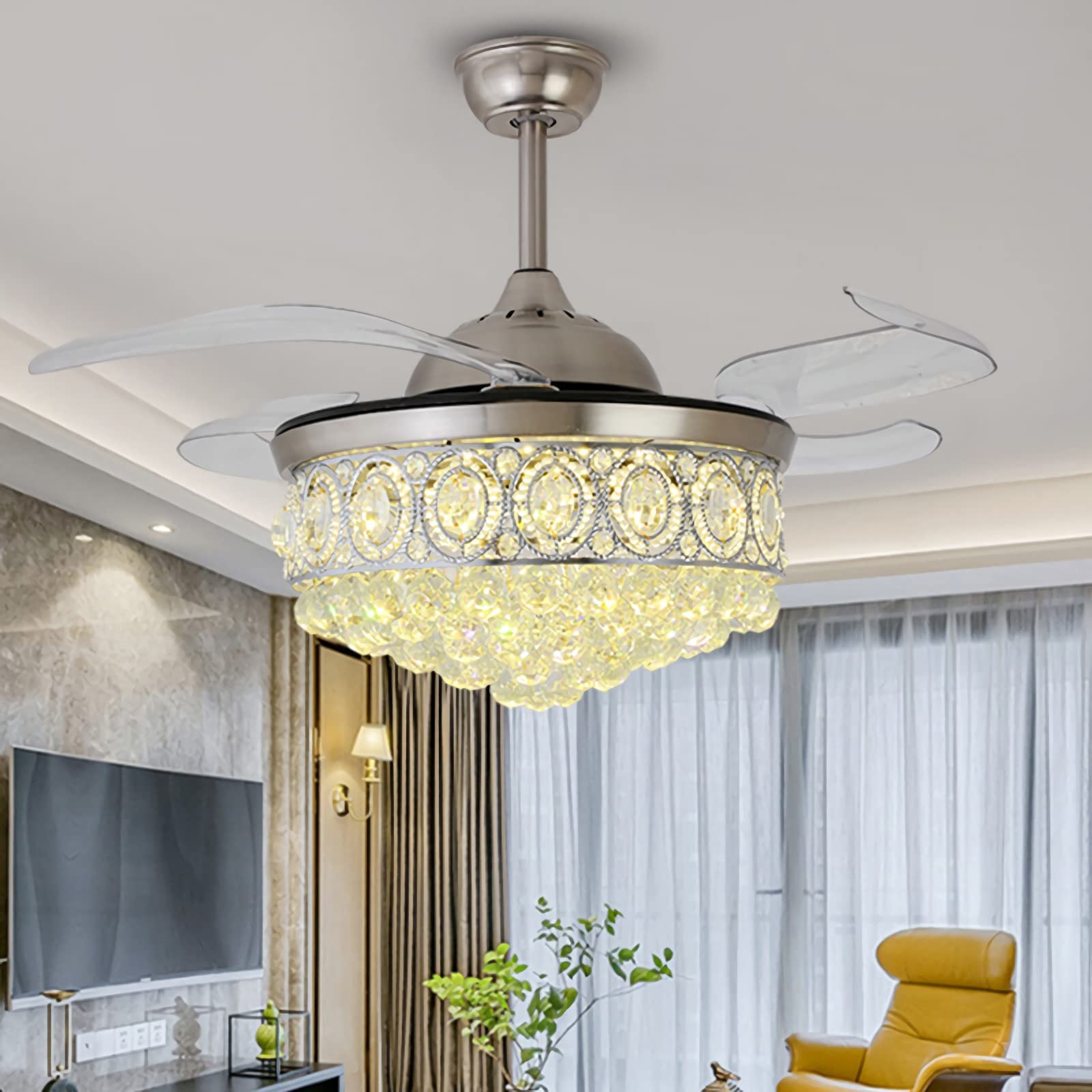 KAKEEL 42 Inch Crystal Retractable Ceiling Fan with LED Light and Remote Control - Modern Luxury Chandelier Fan Lighting Fixture, 3 Speed Settings & 3 Color Temperatures - Perfect for Living Room, Bedroom, Dining Room and Office Spaces