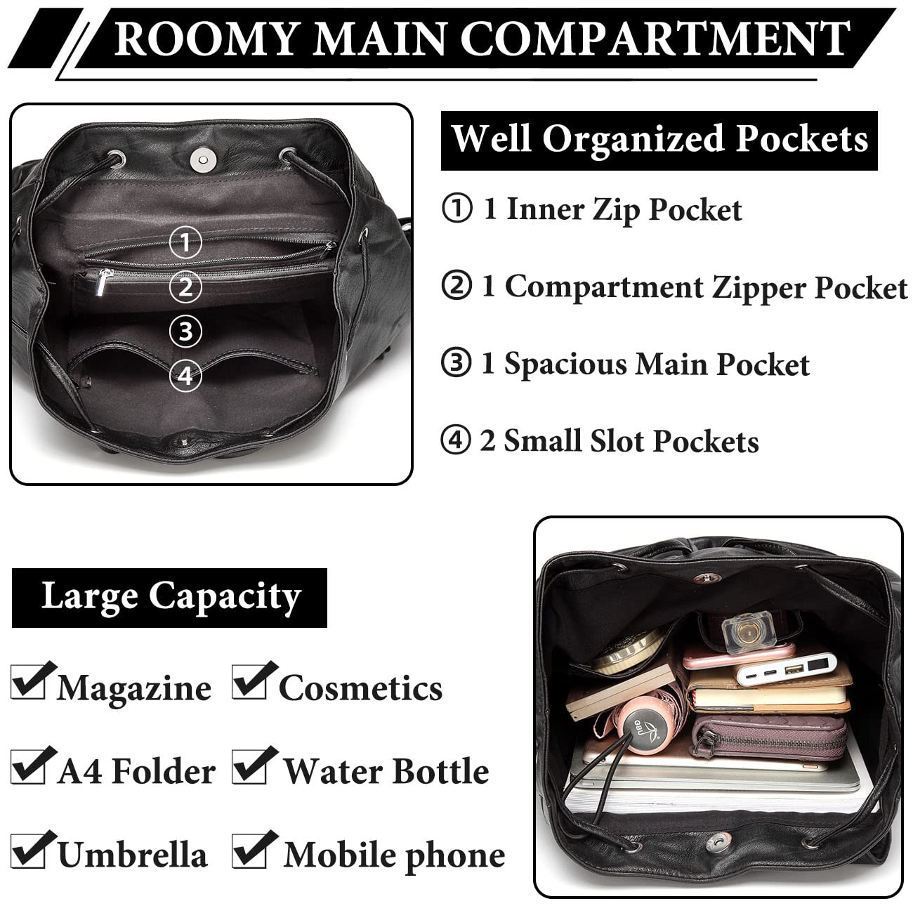 VASCHY Women's Faux Leather Backpack Purse with Buckle Flap & Drawstring Closure, Stylish College Backpack with Two Front Pockets - Black | Perfect for School, Travel & Everyday Use