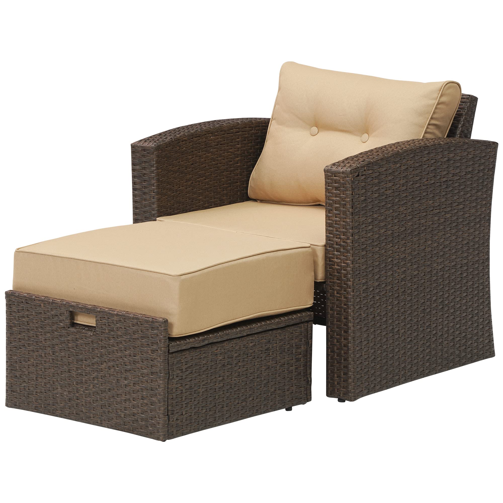 **All-Weather Brown Rattan Outdoor Armchair with Ottoman - Single Wicker Chair Set, Aluminum Frame & Beige Non-Slip Cushions - Perfect for Patio, Garden, Poolside & Backyard Relaxation**