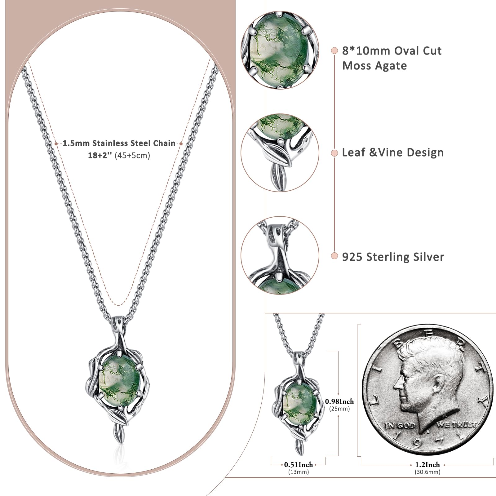 925 Sterling Silver Moonstone Necklace for Women - Oval Cut Moss Agate/Turquoise/Coral Pendant with Leaf Vine Design, Boho Chic Jewelry for Everyday Wear, Gift Giving & Special Occasions