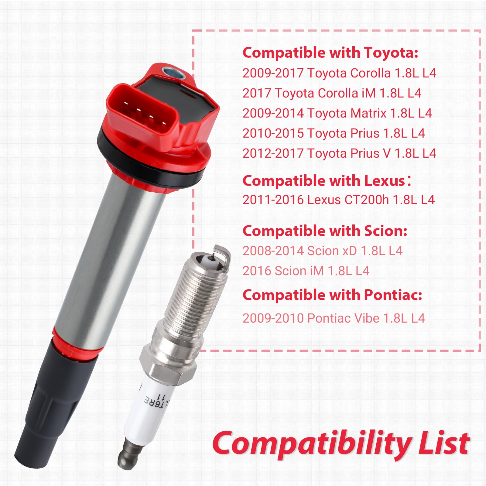 4 Pack Ignition Coils & Double Iridium Spark Plugs UF596 UF619 Coil Pack Kit - Compatible with Toyota Corolla, Pontiac Vibe, Lexus CT200h, Scion Matrix 2008-2017 1.8L L4 (Replaces 90919-02258) - Improve Engine Performance & Fuel Efficiency