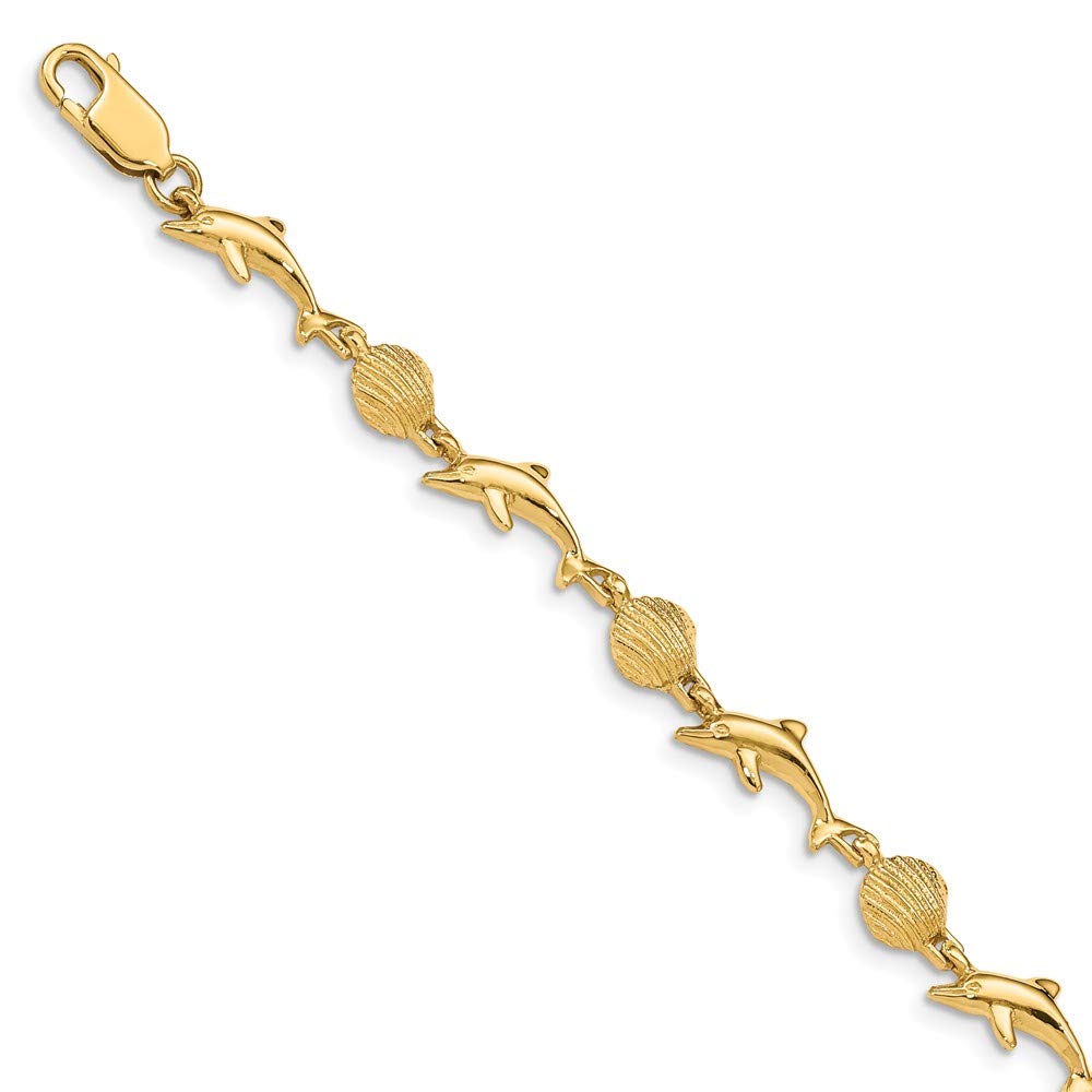 14K Solid Yellow Gold Dolphin and Shell Charm Bracelet - Perfect for Beach Vacations, Summer Outfits, and Gift Giving