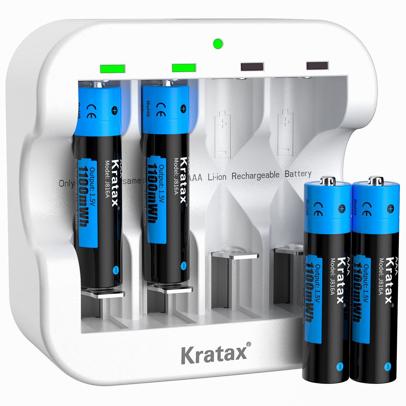Kratax AAA Rechargeable Lithium Batteries 1100mWh 1.5V Constant Voltage with Charger - 4 Pack for Toys, Remote Controls, Flashlights, Cameras, and Electronic Devices - Long Lasting 1600 Cycles Battery Life
