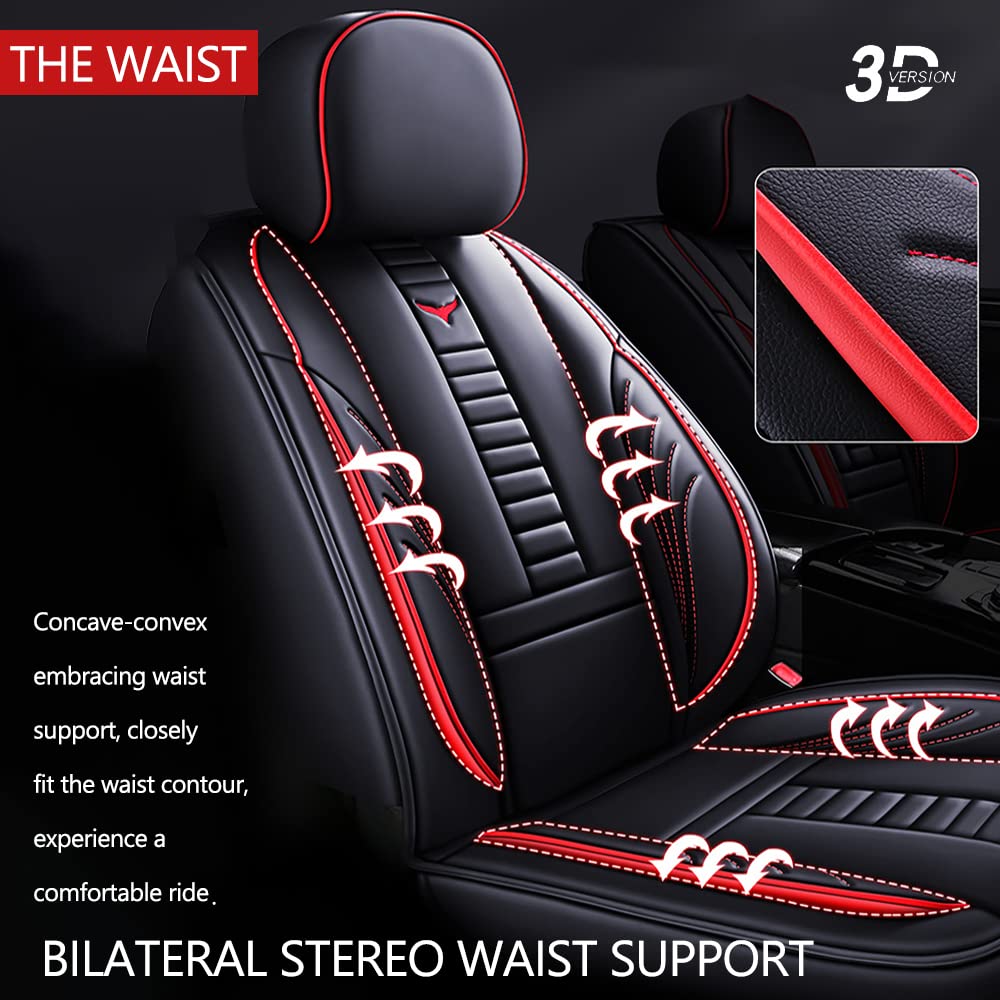 Universal Fit PU Leather Car Seat Covers Full Set - Compatible with 2016 Chevy Cruze Limited, Includes Headrest & Back Pillow (Black & Red Stitching) - Durable Protection & Style Upgrade for Daily Commute, Road Trips & Car Interior Customization