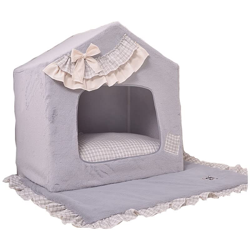 Handmade Princess Pet Bed for Small Dogs & Cats - Cozy Washable Sofa Cushion with Removable Cover, Warm Frame Tent House (Grey Grid, Medium) - Perfect for Indoor Lounging & Winter Snuggles