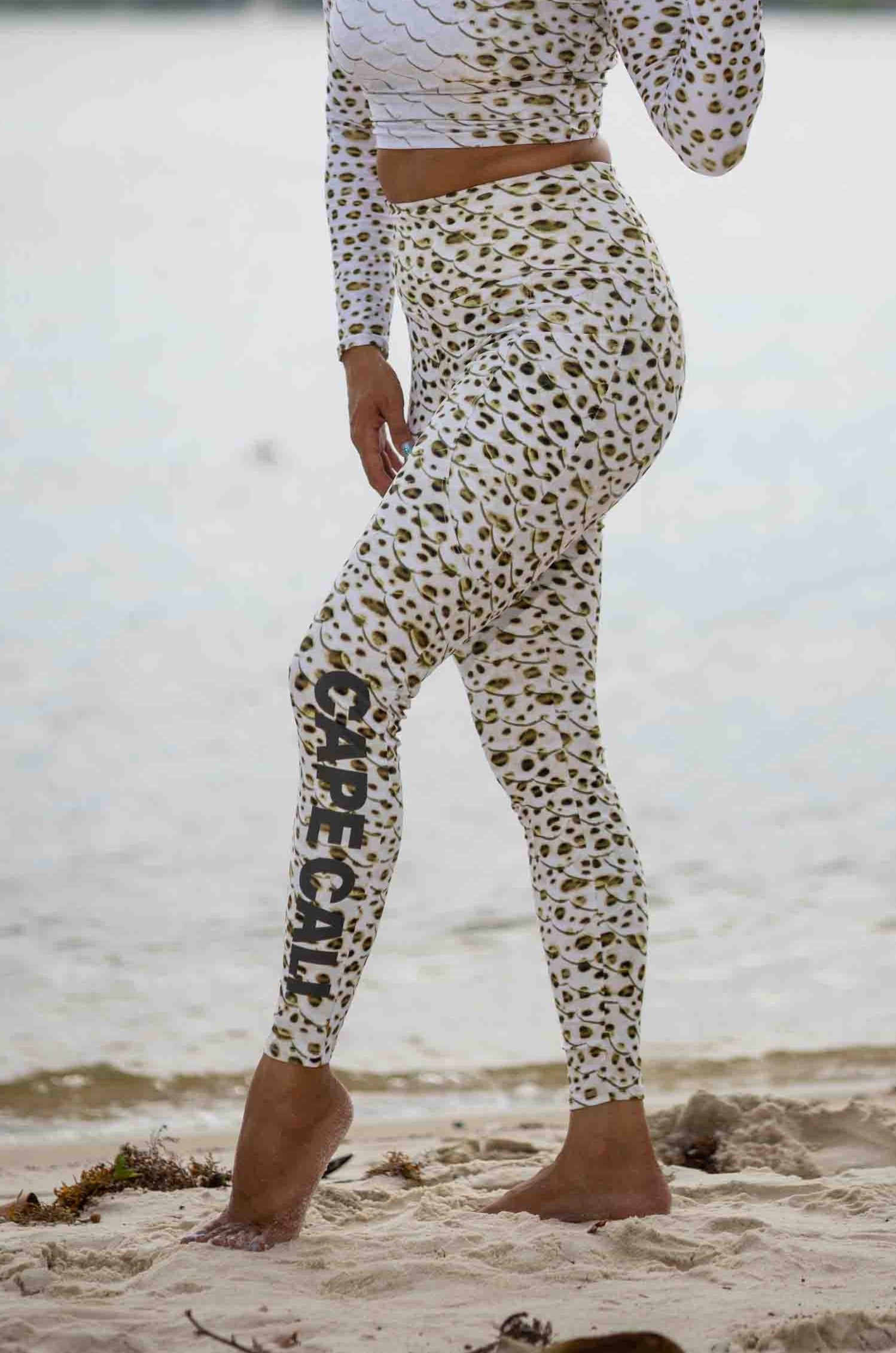 Leopard Shark Mermaid Swim Leggings with Logo - High Waisted Swimwear for Women, Trendy Beach Cover Up & Pool Party Outfit