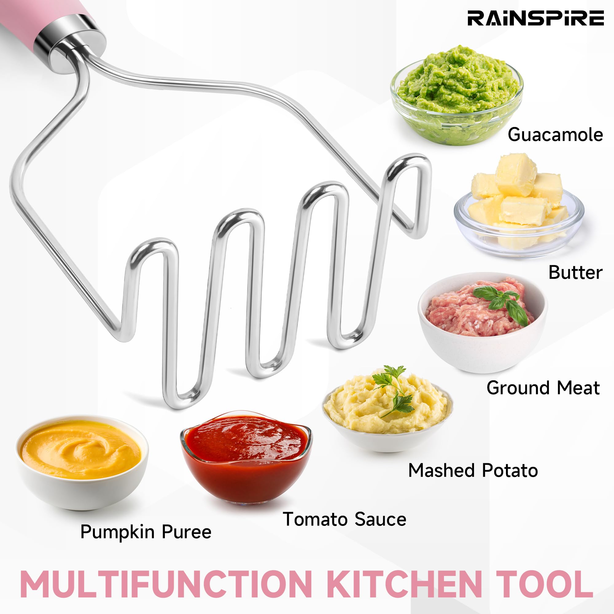 Stainless Steel Potato Masher - Durable Kitchen Tool for Smooth Mashed Potatoes with Soft Non-Slip Handle (Pink) - Perfect for Home Cooking, Thanksgiving Dinner & Meal Prep